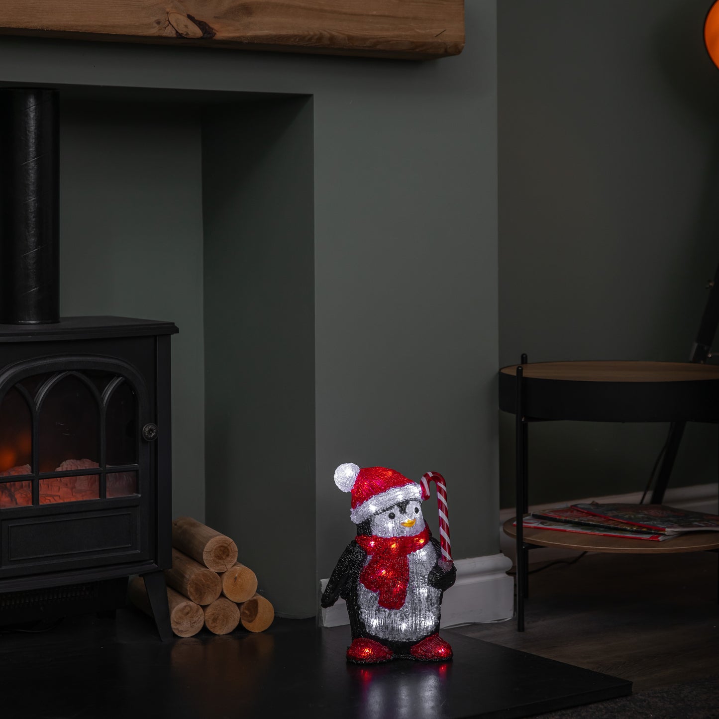 30cm Light up Acrylic Christmas Penguin with Candy Cane Decorations & White LEDs