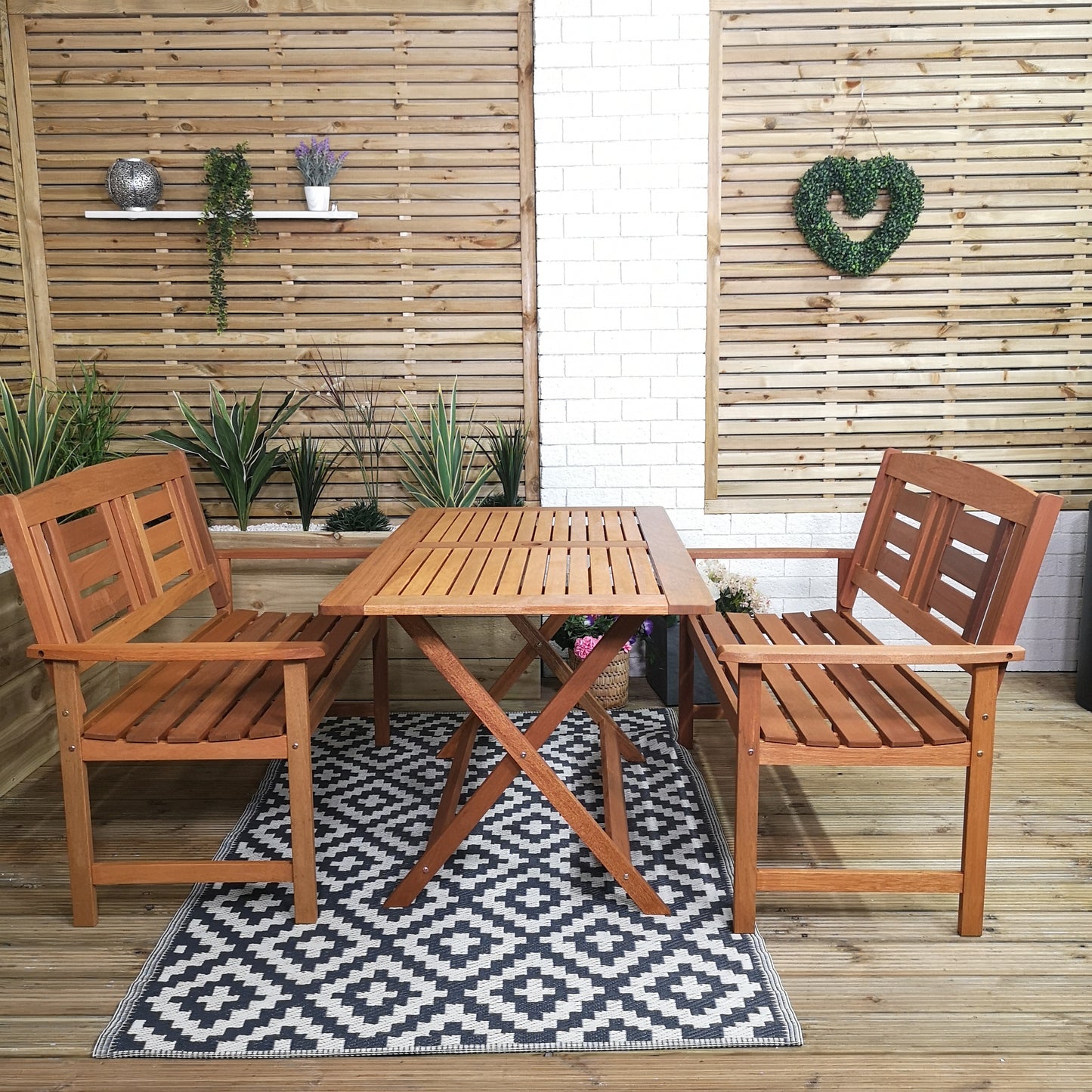 Outdoor 4 Person Folding Rectangular Wooden Garden Patio Dining Table and 2 Benches Set