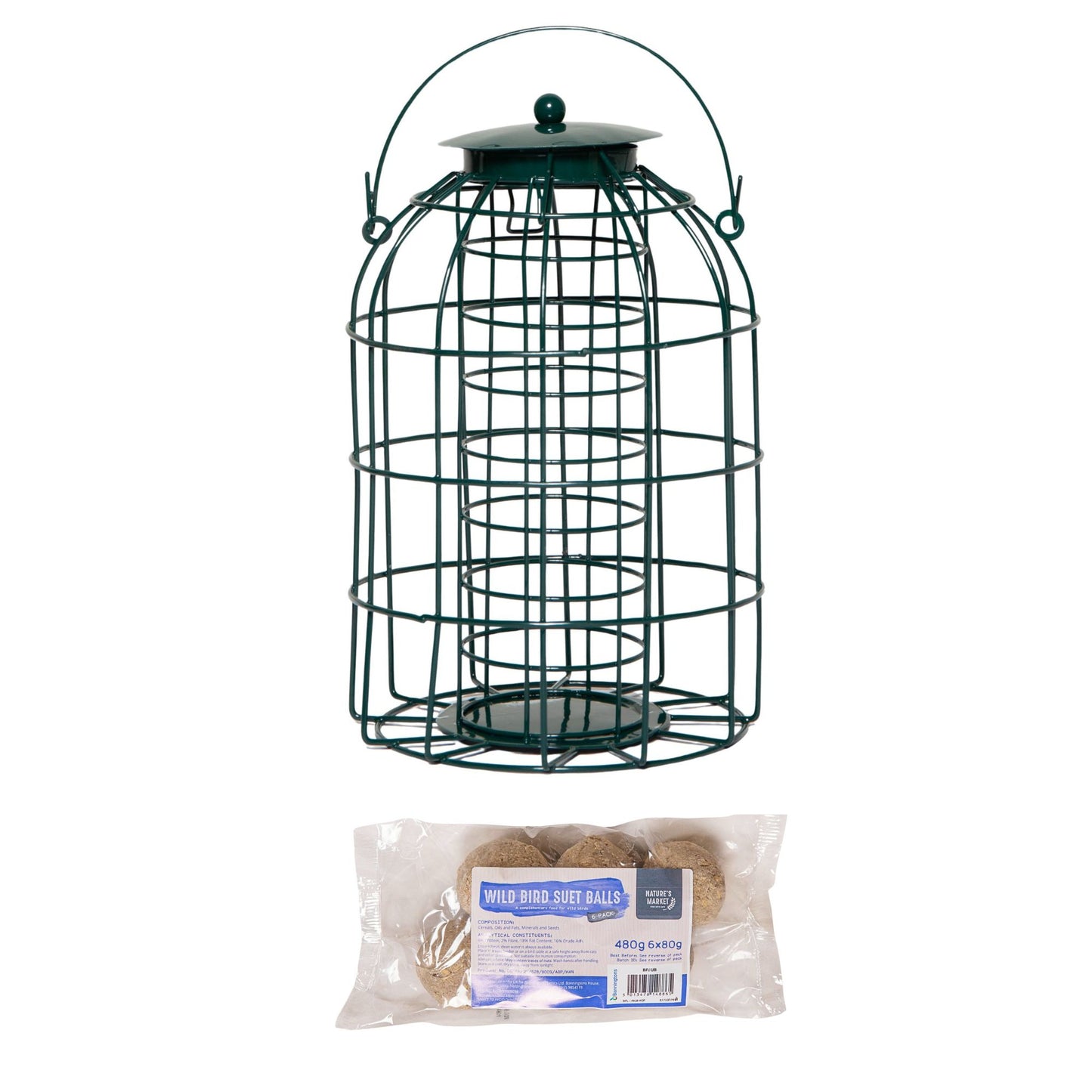 Samuel Alexander Metal Hanging Bird Fat Ball Feeder with Squirrel Guard & Pack of 6 Suet Fat Balls