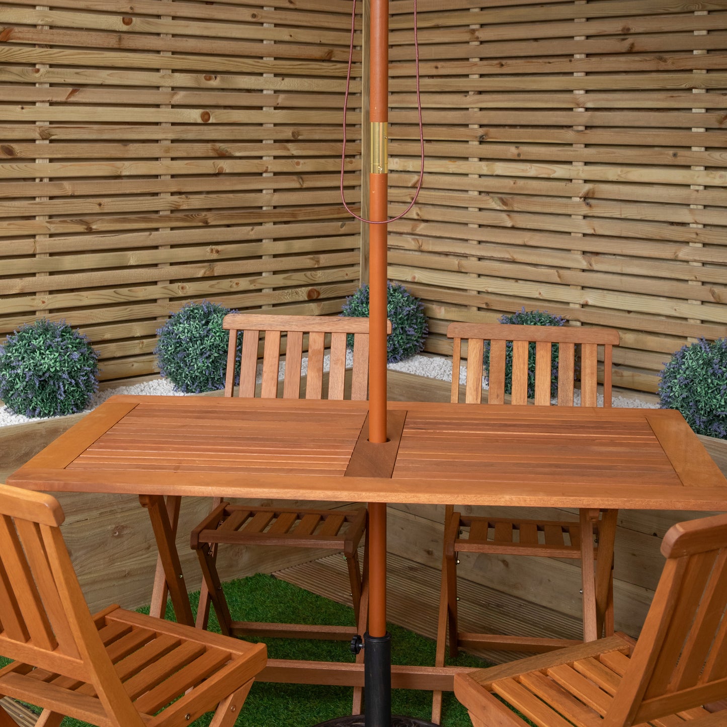 Outdoor 6 Person Folding Rectangular Wooden Garden Dining Table Chairs Grey Parasol and Base set