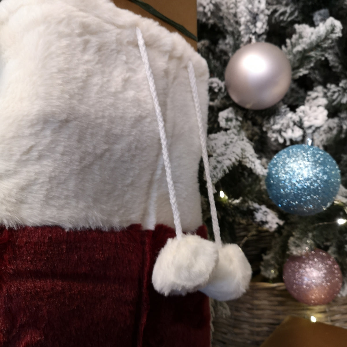 80cm Red Christmas Present Sack with White Faux Fur Trim and Pom Poms