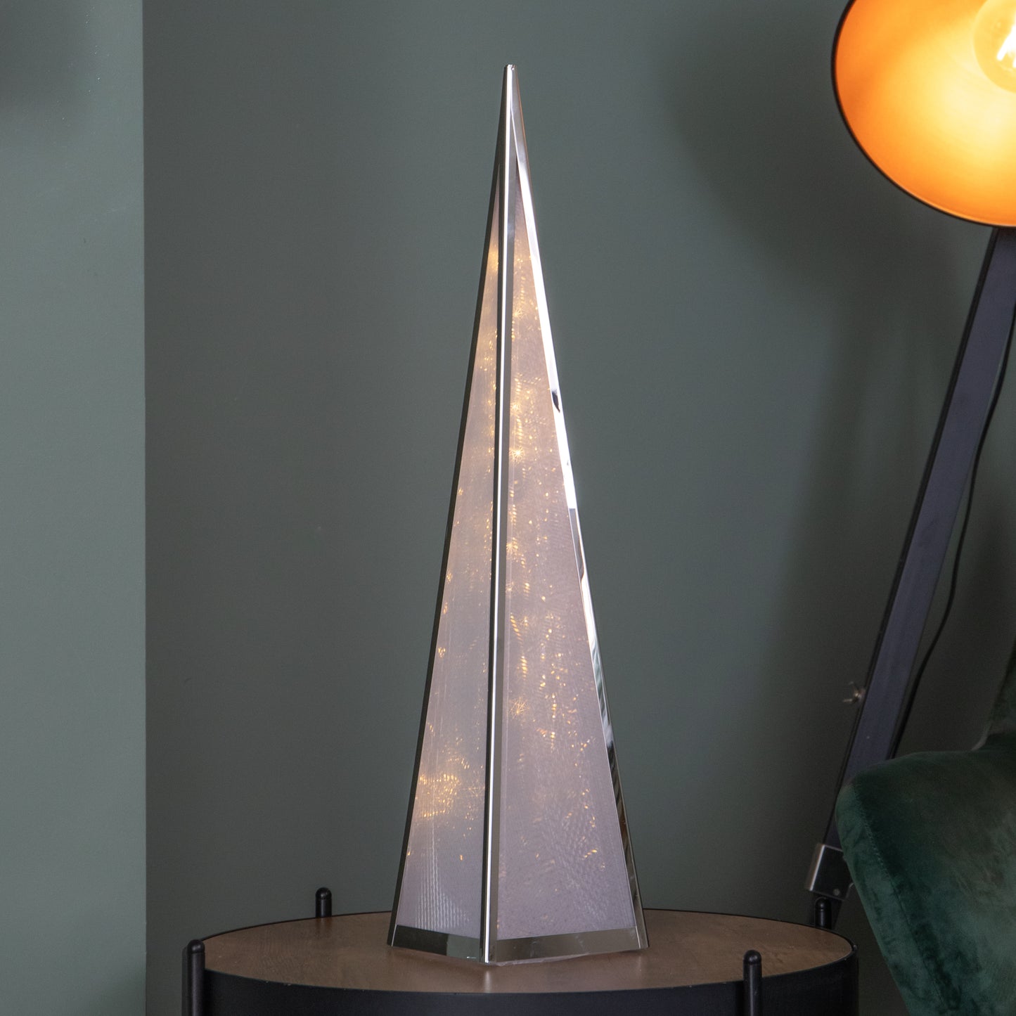 60cm Light up Silver Holographic Christmas Pyramid with 16 Warm White LEDs