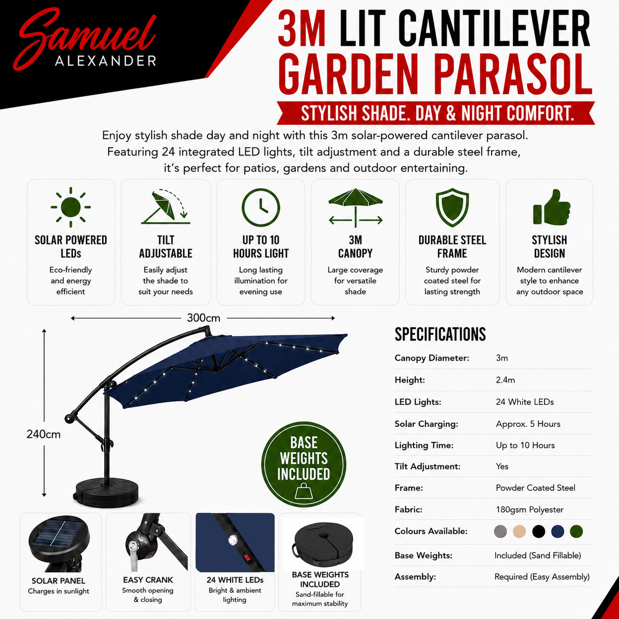 3m Solar Powered Cantilever Lit Banana Garden Parasol with Crank Handle & White LED Lights in Blue with Base Bag Included