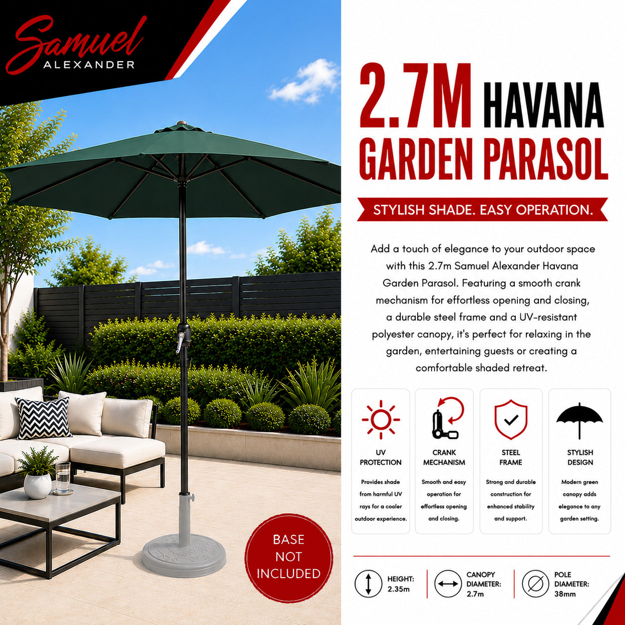 Samuel Alexander 2.7m Havana Garden Patio Parasol with Crank Handle in Green