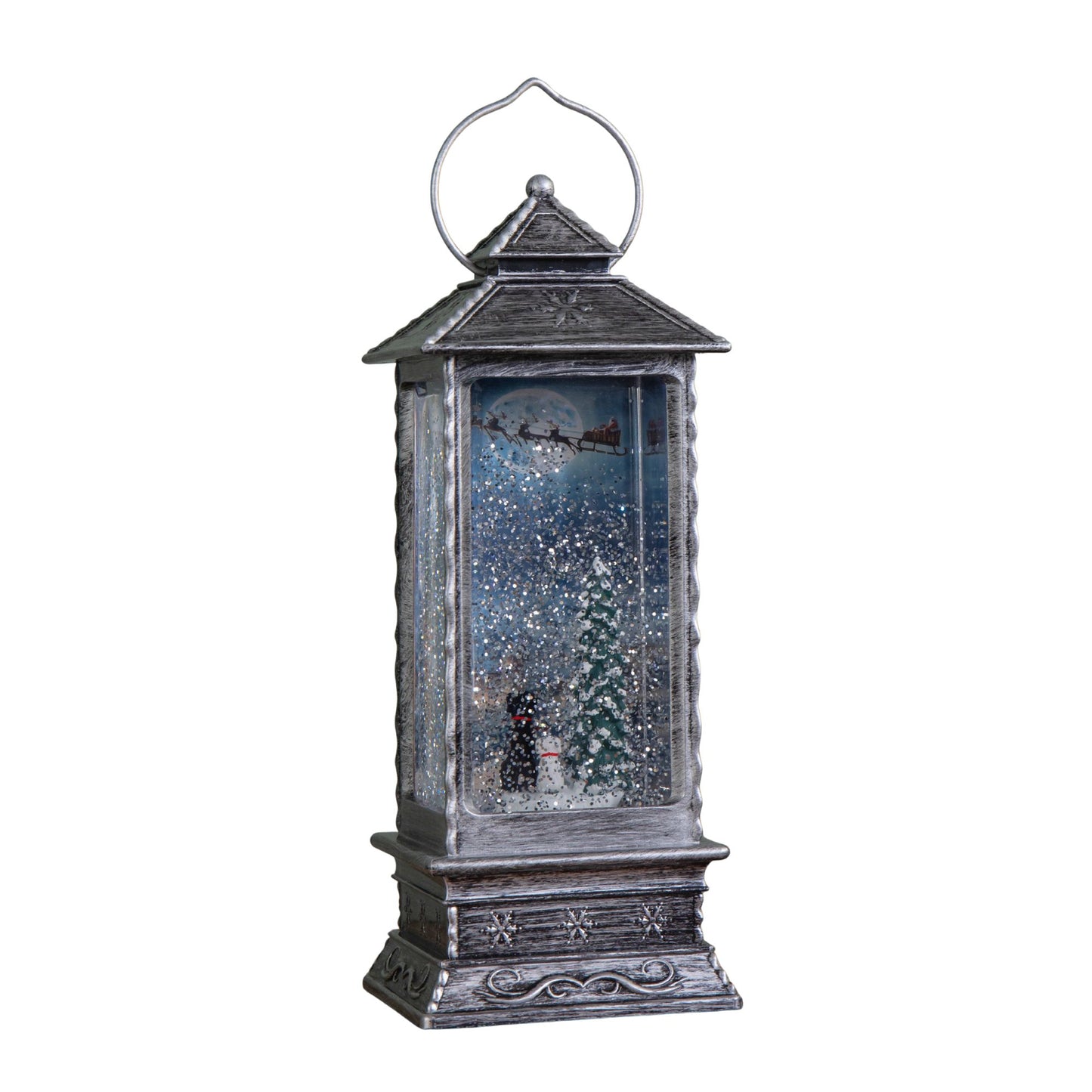 27cm Dual Powered Light up Antique Silver Christmas Water Spinner with Dogs & Flying Sleigh Scene