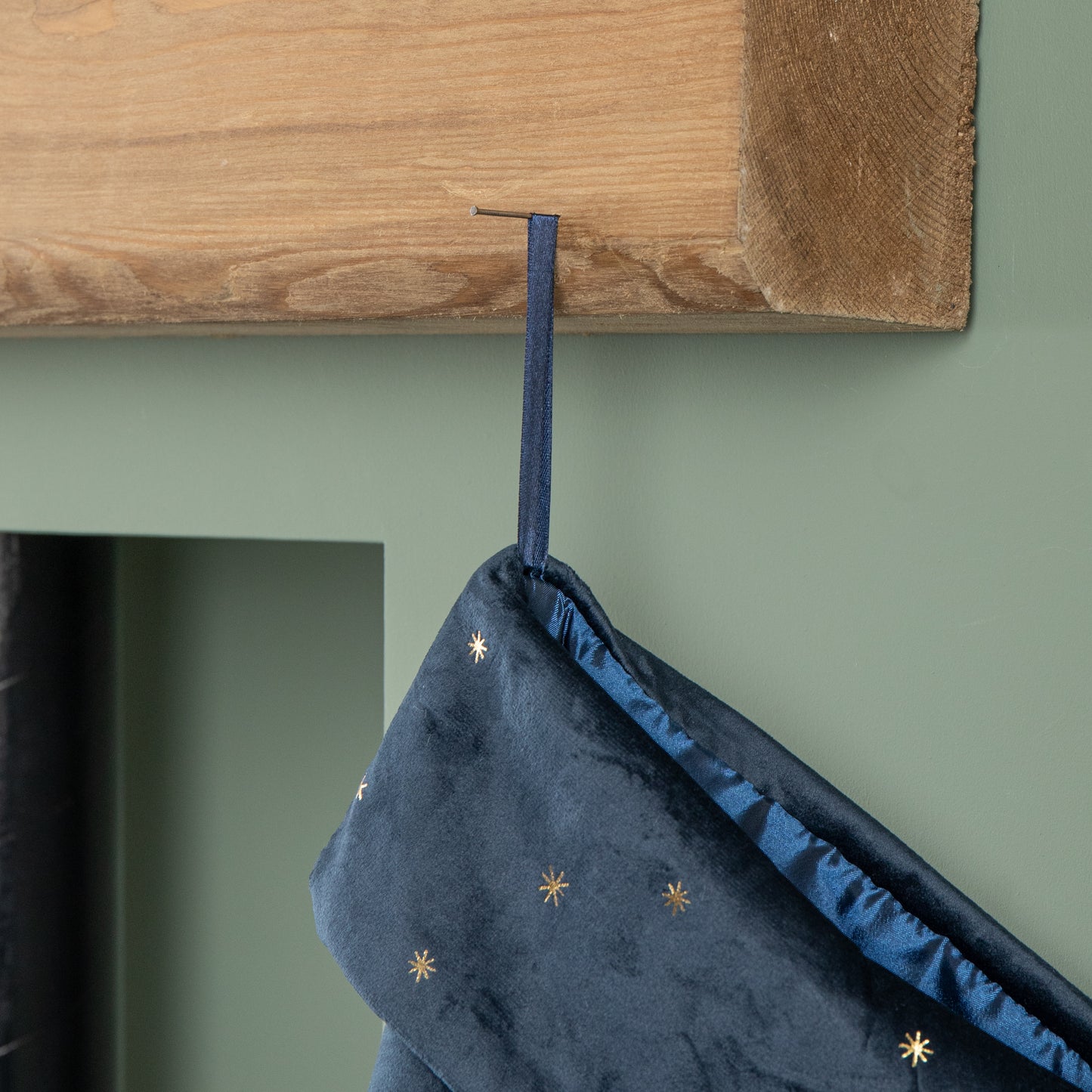 70cm Hanging Dark Blue Velour Star Print Christmas Stocking with Pom Poms