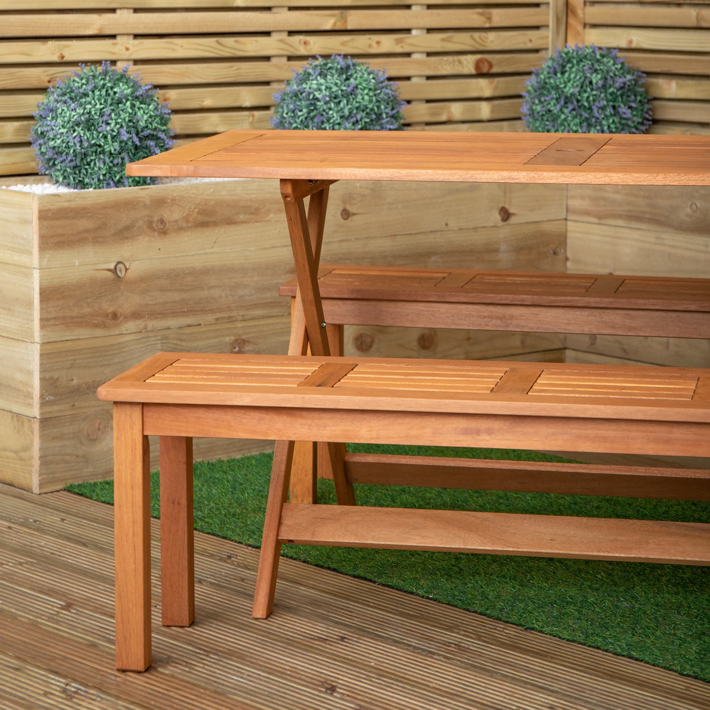 Outdoor 4 Person Rectangular Wooden Garden Dining Table with 2 Benches