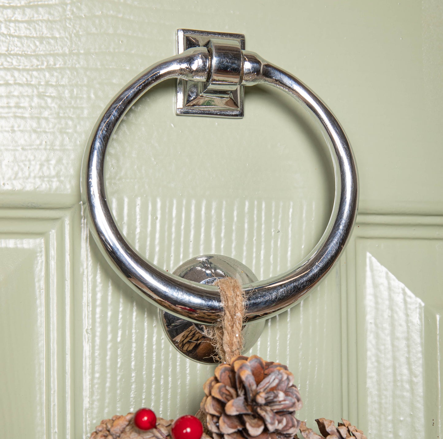 36cm Frosted Hanging Christmas Wreath with Red Jingle Bells & Wooden Stars