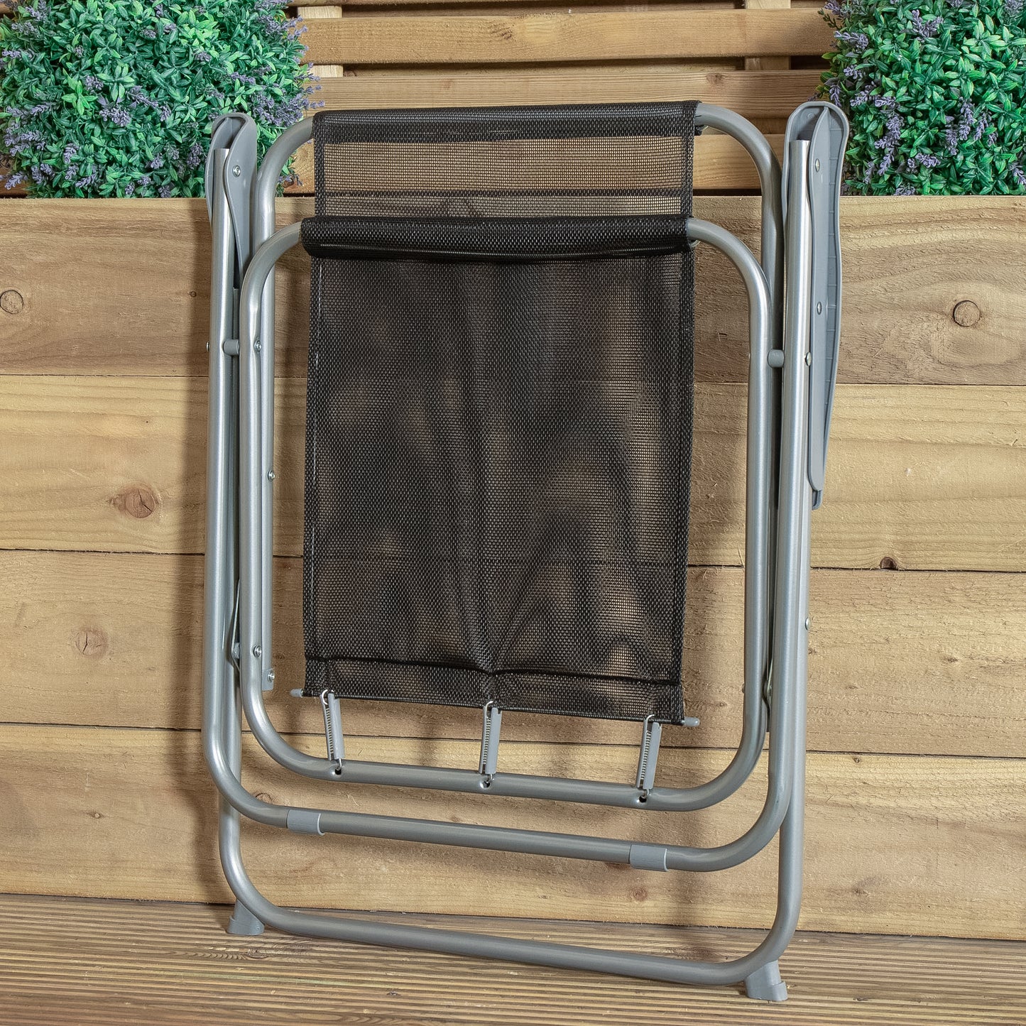2 x Foldable Garden Chairs Fixed position garden chairs with grey frame and black fabric