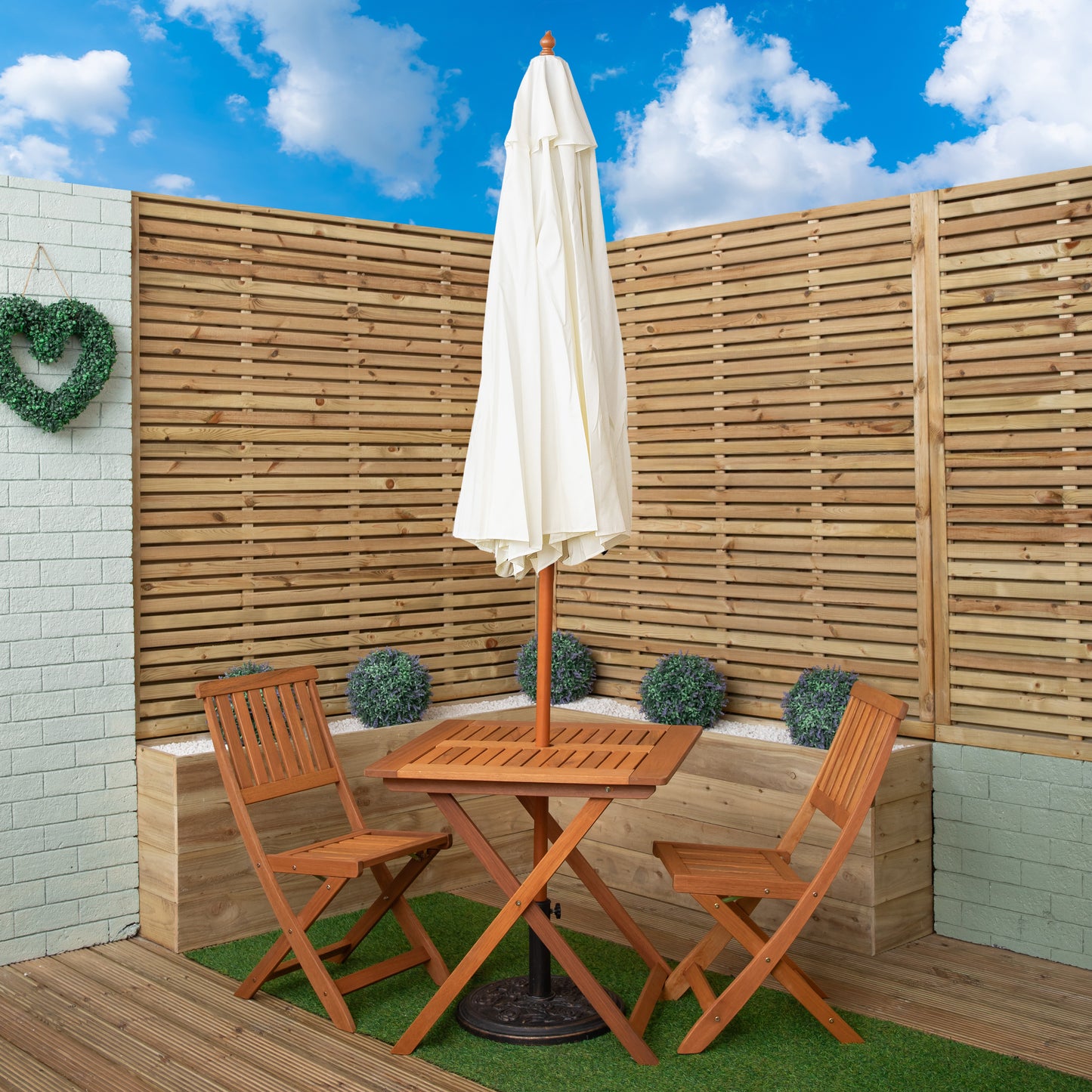 Outdoor 2 Person Folding Wooden Garden Dining Table Chairs Cream Parasol and Base Set