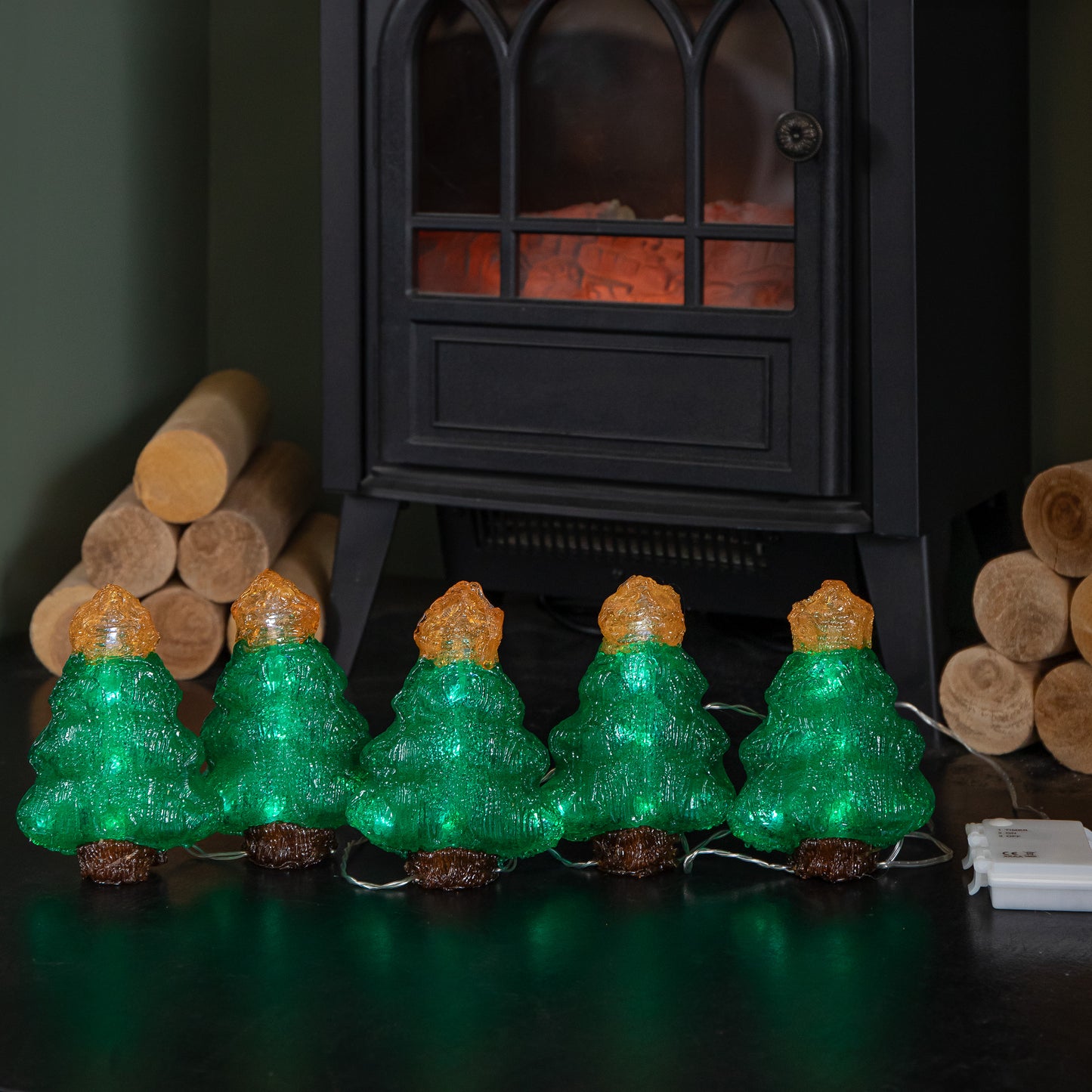 12cm Set of 5 Battery Operated Light up Christmas Tree Ornaments with 50 Cool White LEDs