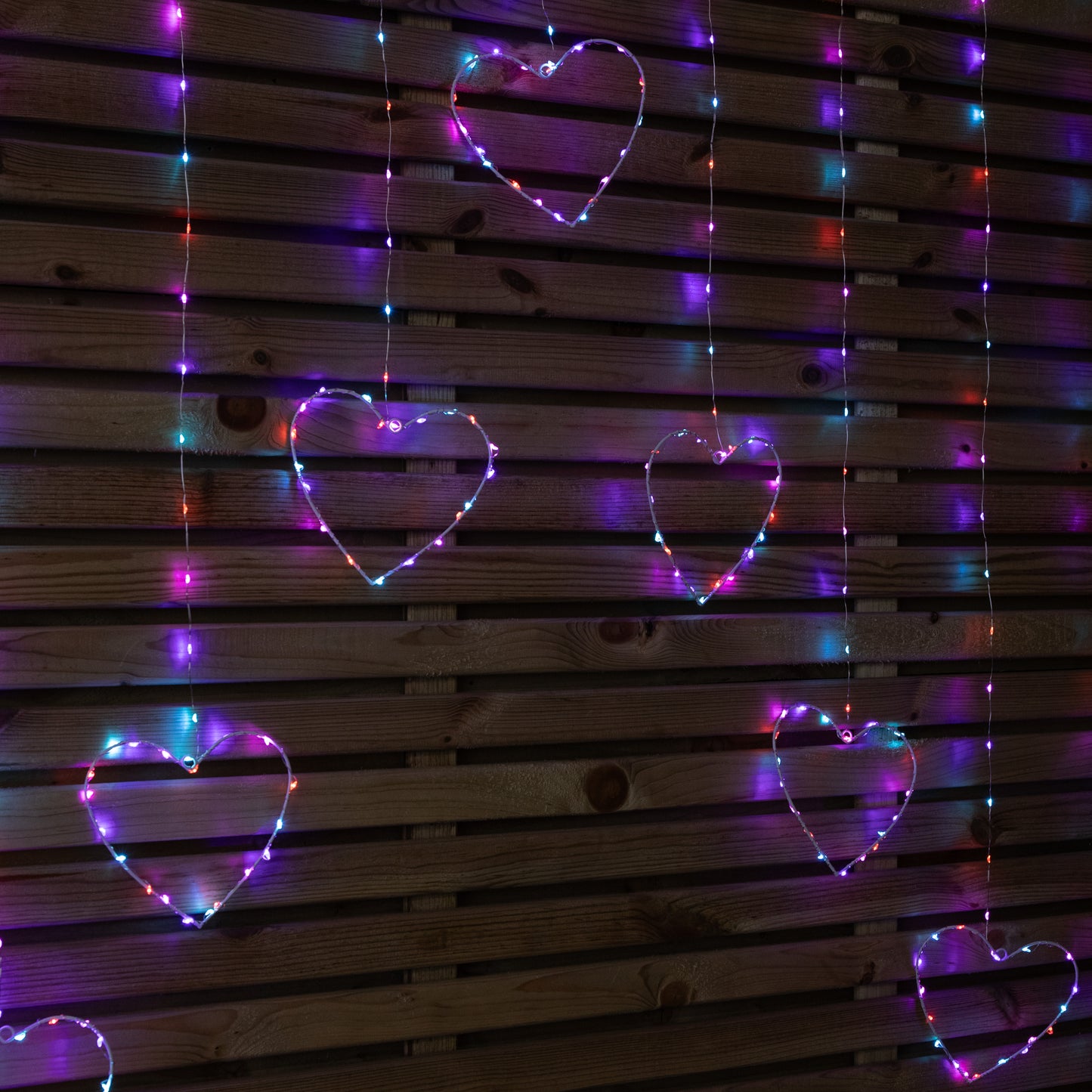 1.2m Premier Christmas Static Heart LED Silver Pin Wire V Curtain Lights in Rainbow