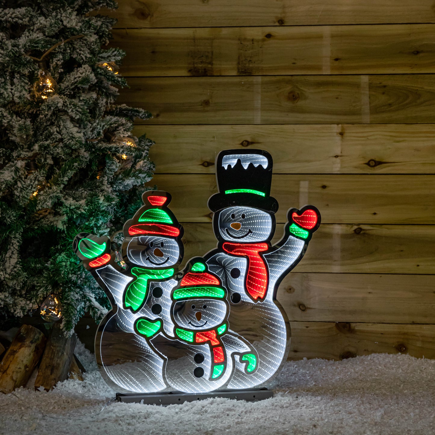 65cm Infinity Standing Snowmen Family on Metal Base with White, Red & Green LEDs