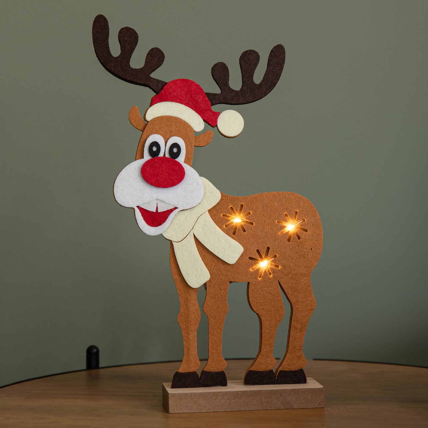 32cm Battery Operated Light up Felt Reindeer with Santa Hat and Warm White LEDs