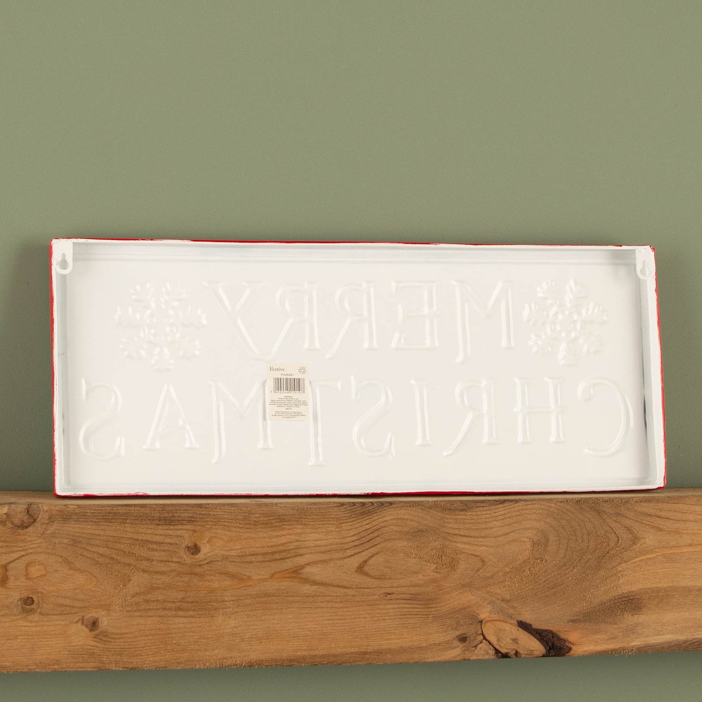 57cm Metal Merry Christmas Hanging Sign in Red & White with Green Snowflakes