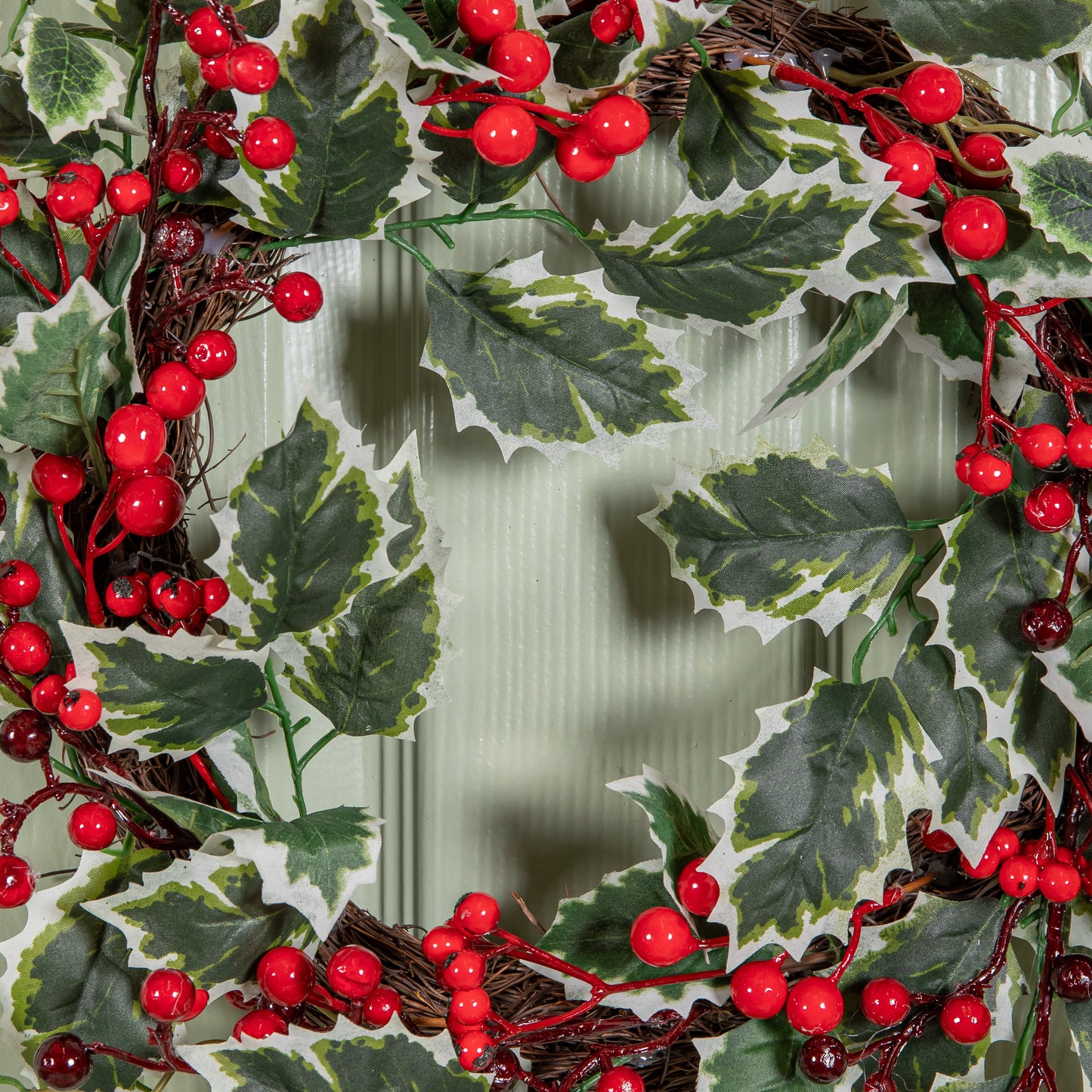 40cm Hanging Christmas Wreath with Red Berries and Holly Leaves