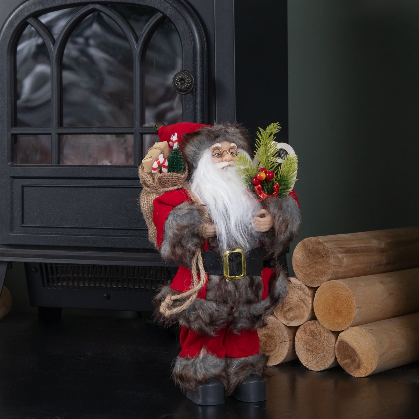 30cm Standing Traditional Santa Claus Christmas Decoration with Gift Sack