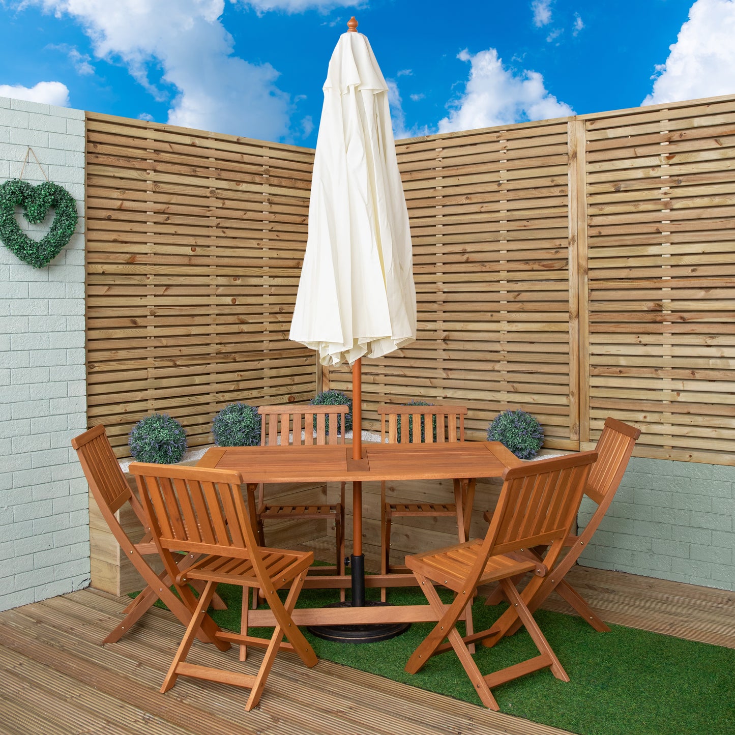 Outdoor 6 Person Folding Rectangular Wooden Garden Dining Table Chairs Cream Parasol and Base set