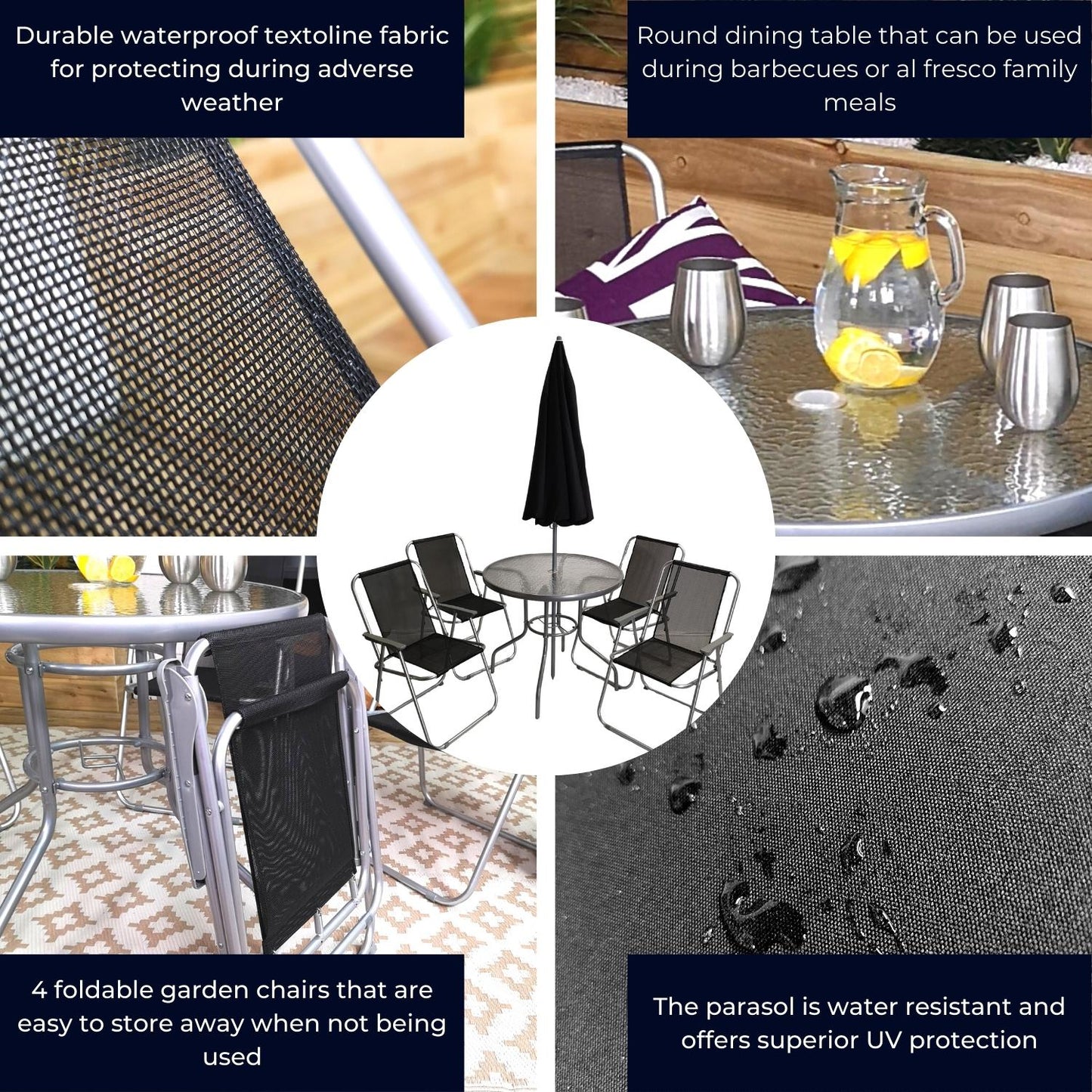 Factory Seconds: Samuel Alexander 4 Seater Garden Table And Chairs Set 4 Folding Chairs Outdoor Glass Table Garden Dining Set With Black Parasol Umbrella Patio Furniture Set