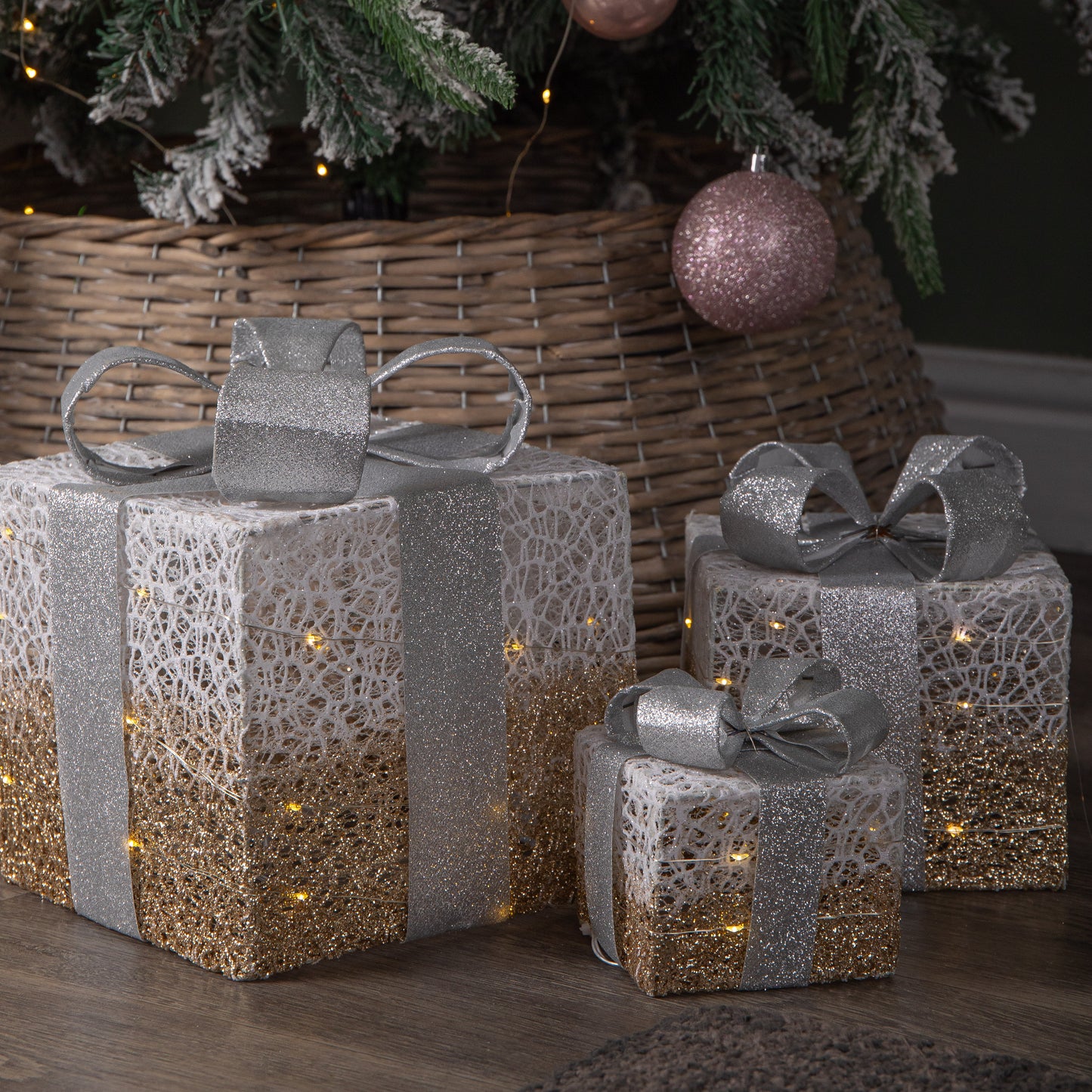 Set of 3 Battery Operated Gold Sparkly Christmas Gift Boxes with LEDs
