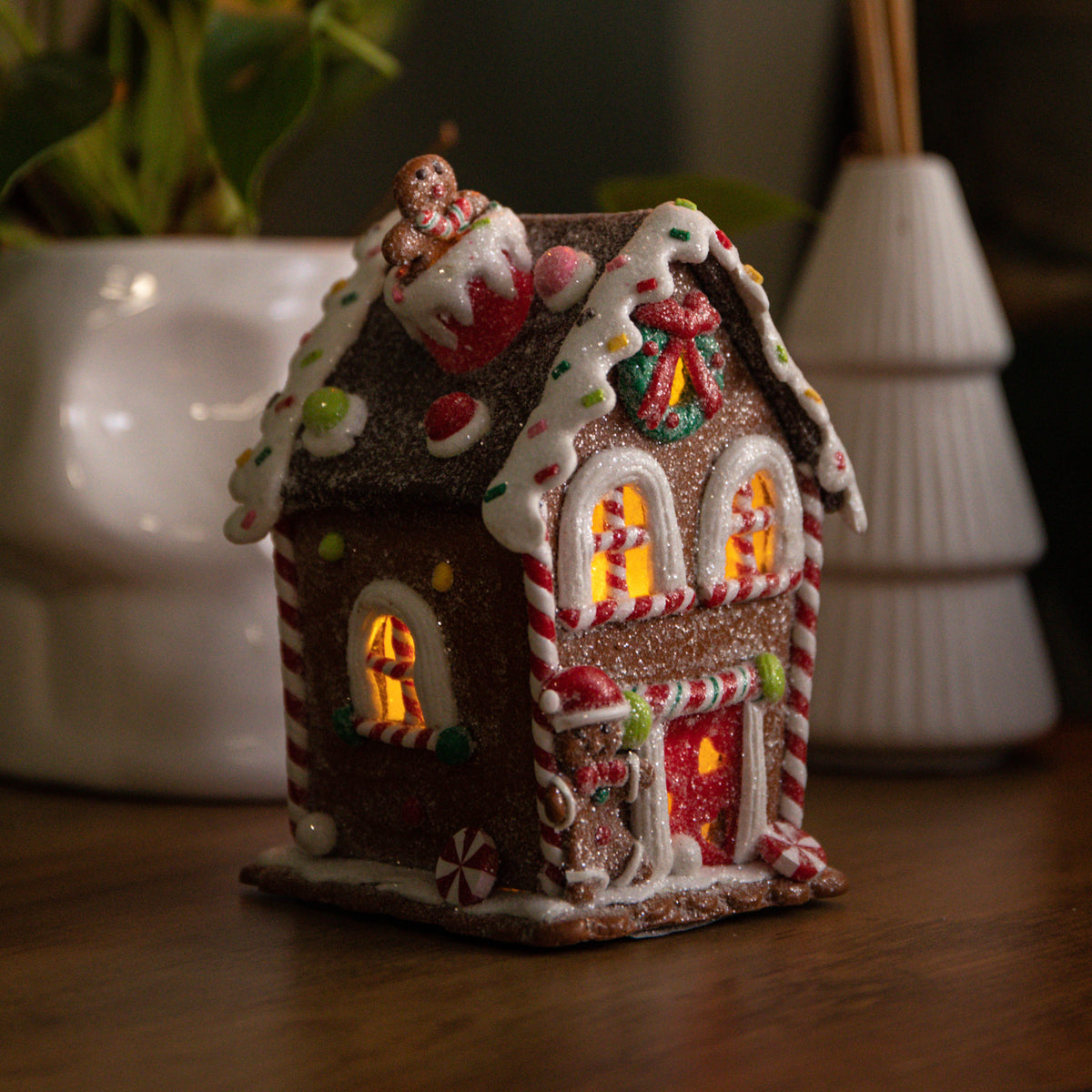 14cm Battery Operated Light up Gingerbread Candy Cottage with Warm White LEDs
