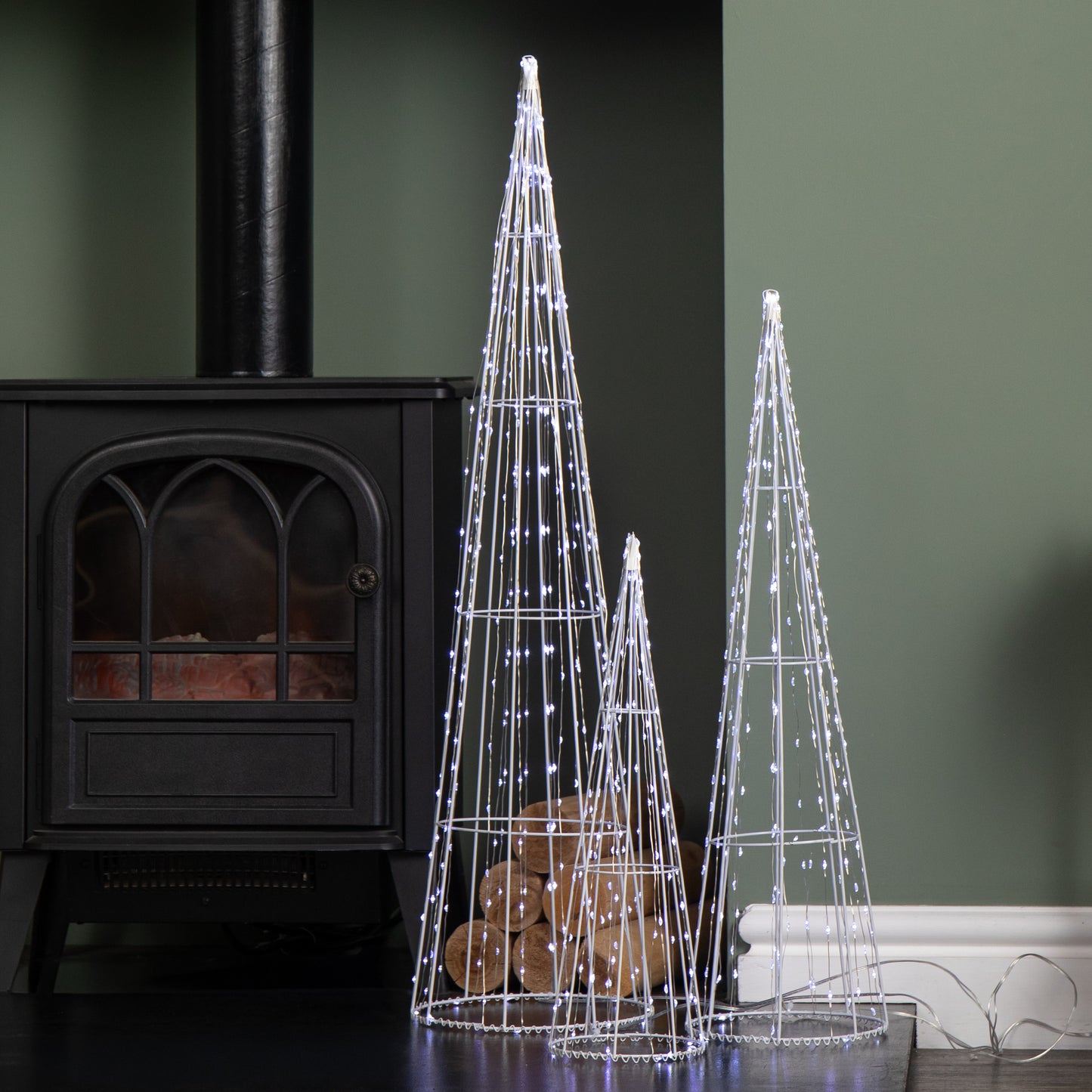 81cm Set of 3 Light up Christmas Dewdrop Cone Tree with 654 White LEDs