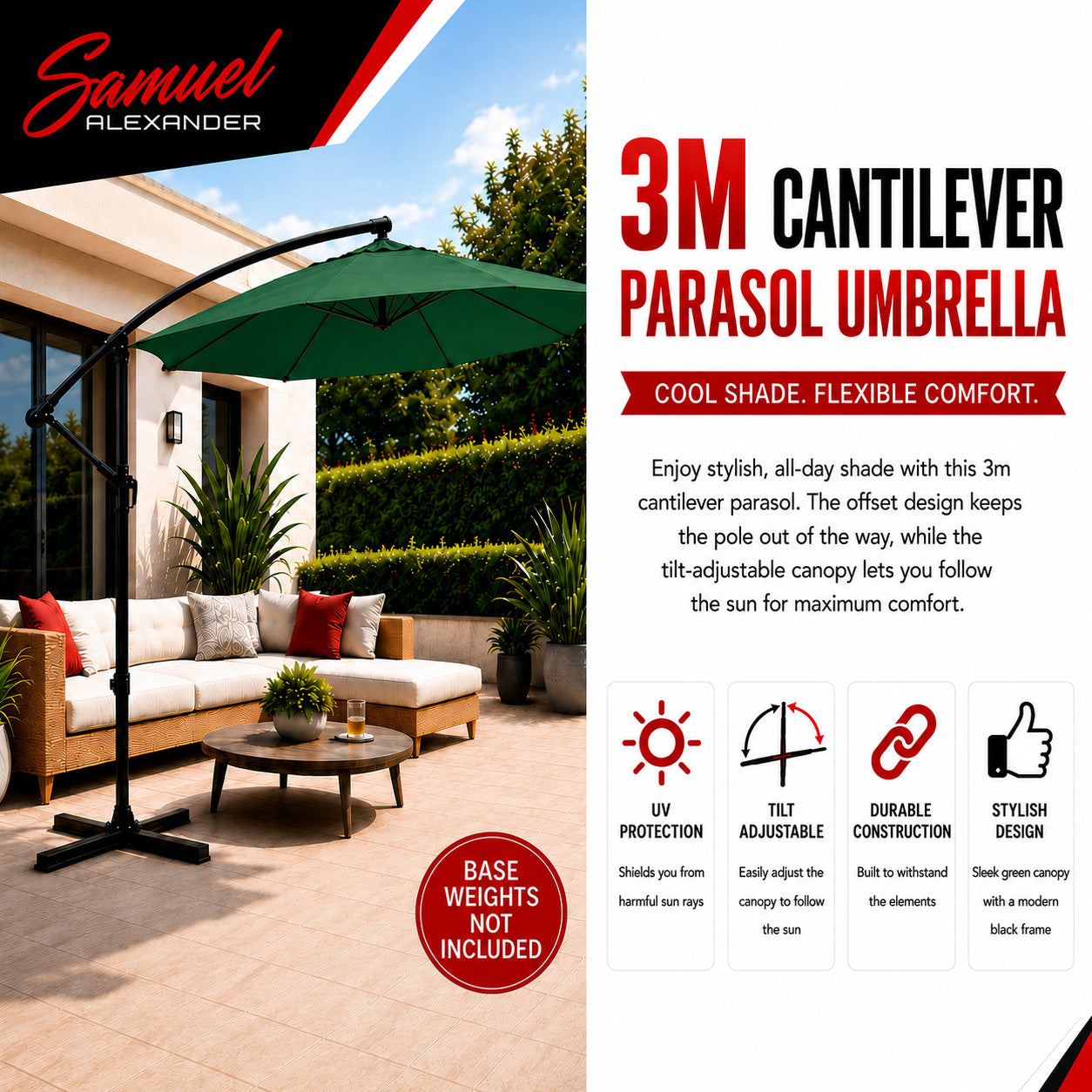 3m Hanging Banana Cantilever Garden Parasol with Cover in Green