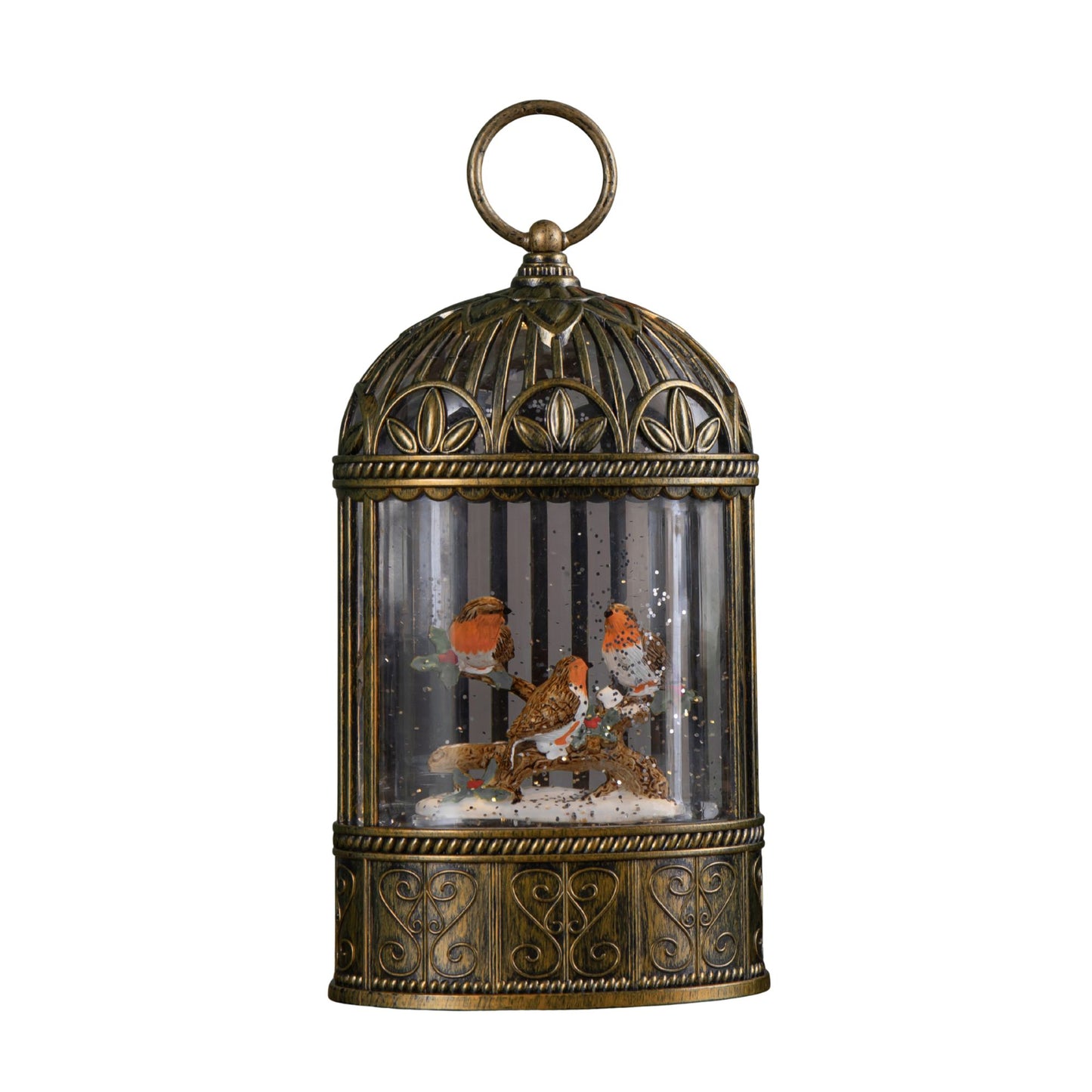 24cm Dual Powered Light up Christmas Cage Water Spinner with Robin Scene & LEDs