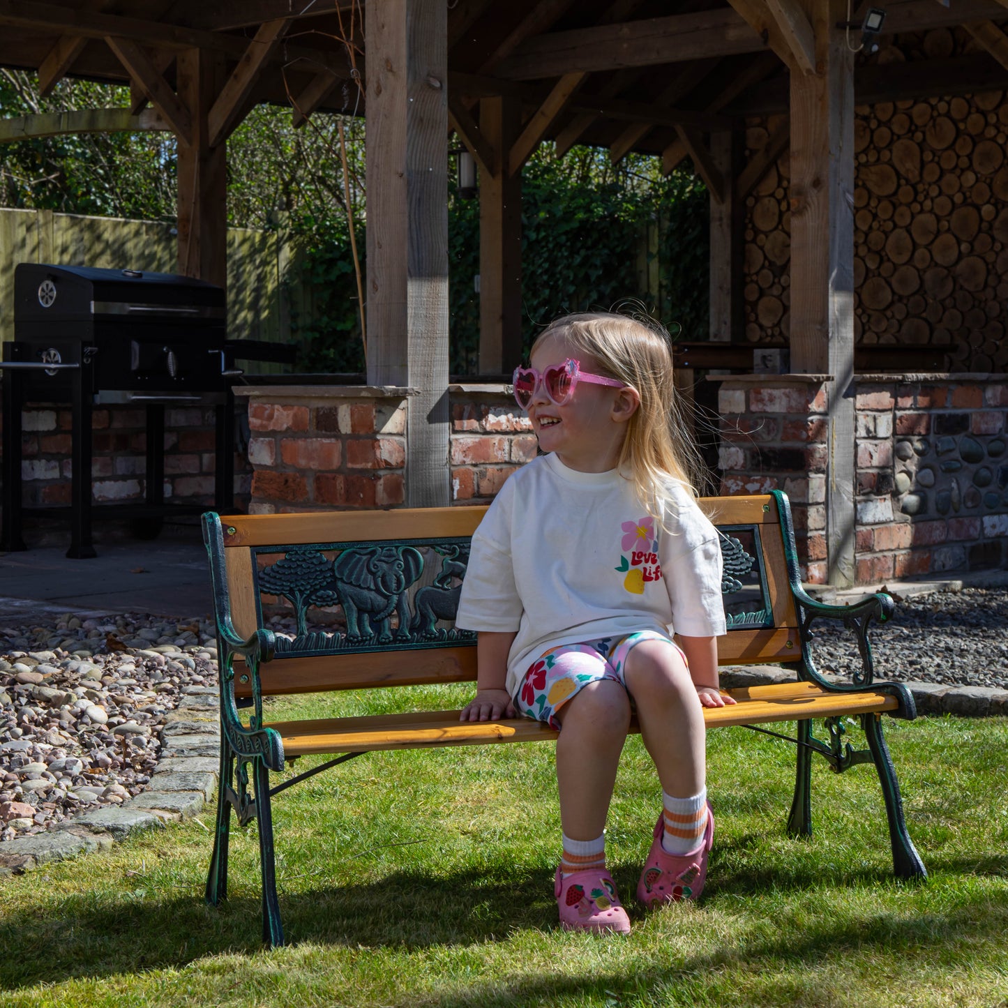 Kids 2 Seater Wooden & Cast Iron Garden Patio Childrens Bench with Animal Design