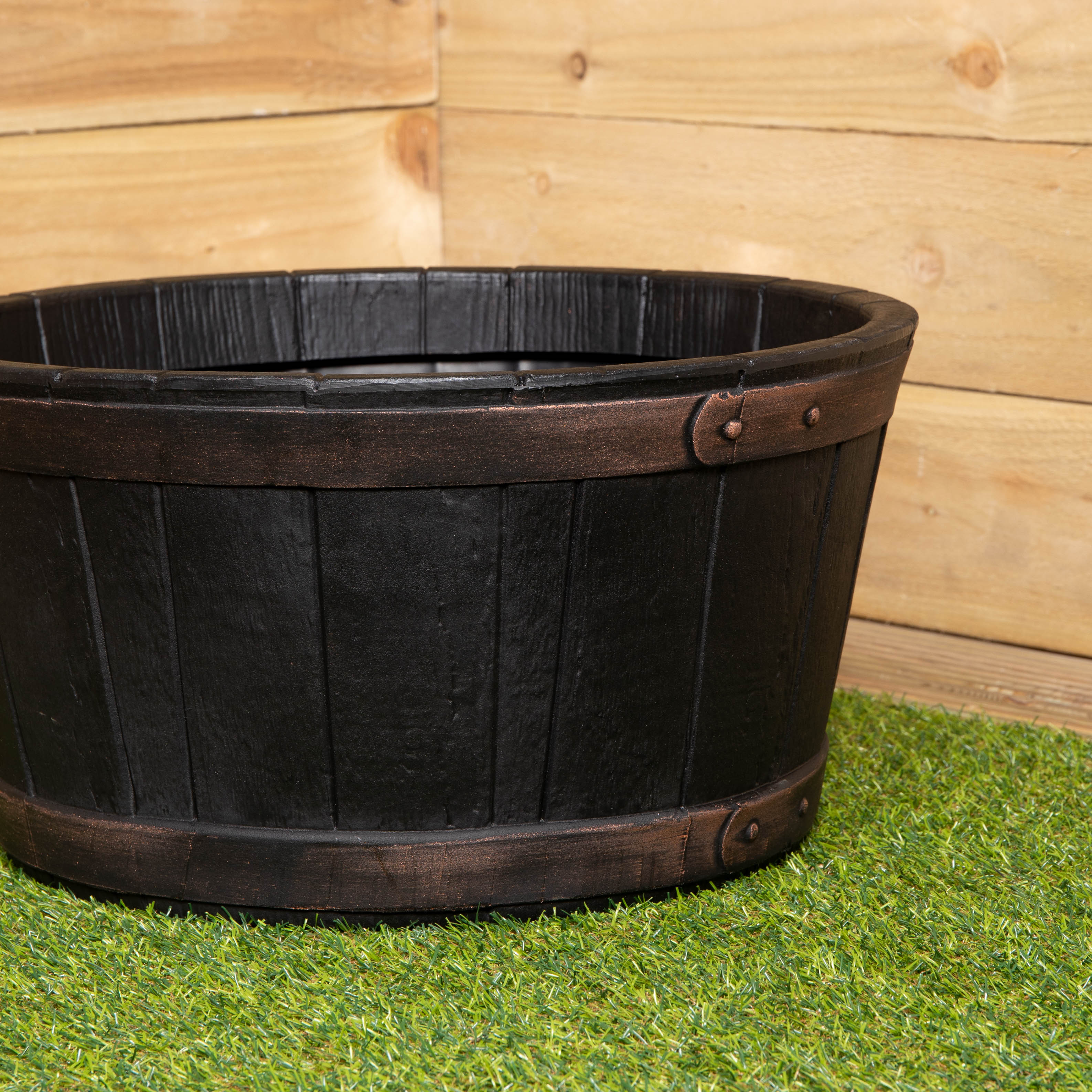 50cm Black Round Plastic Oak Wood Barrel Effect Decorative Garden Patio Planter