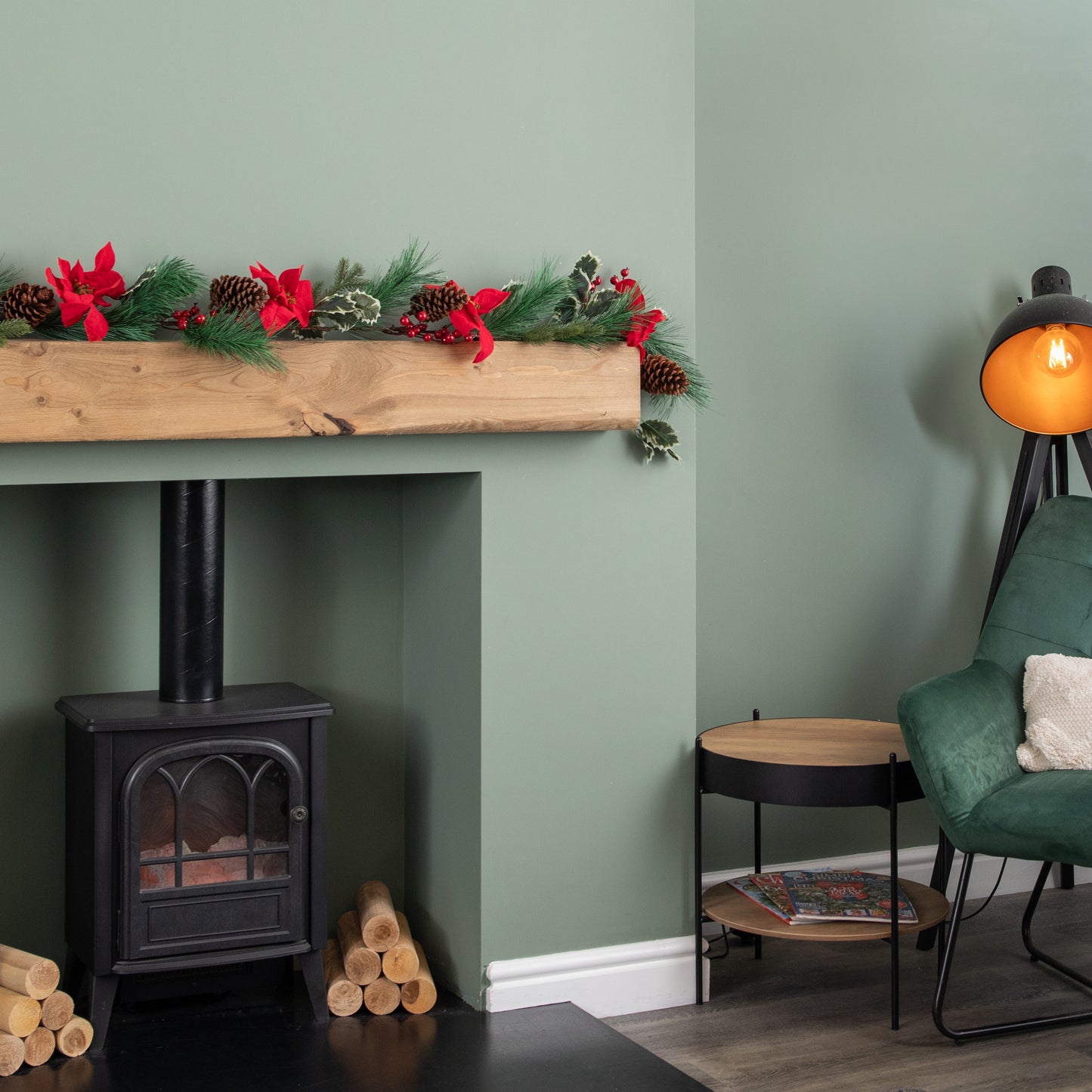 1.8m Red and Green Christmas Poinsettia Garland with Pinecones & Seasonal Foliage