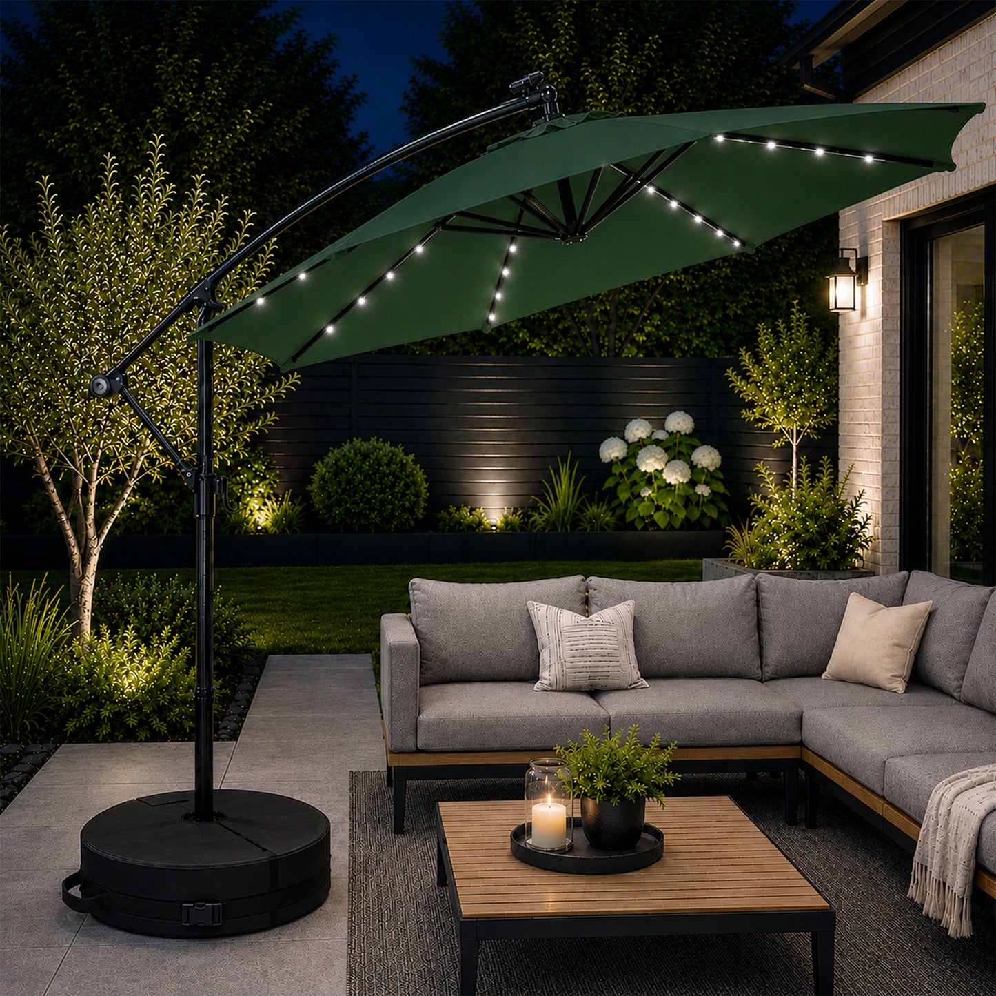 3m Solar Powered Cantilever Lit Banana Garden Parasol with Crank Handle & White LED Lights in Green with Base Bag Included