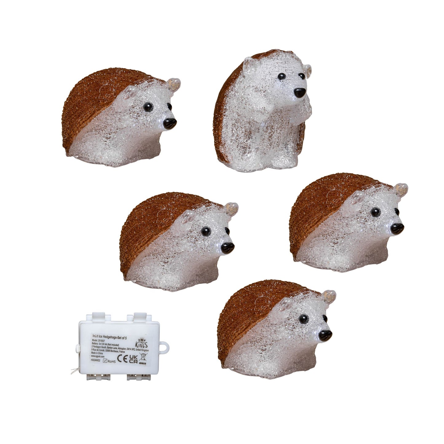 Factory Seconds: Set of 5 Battery Operated Brown Acrylic Christmas Hedgehogs with Cool White LEDs