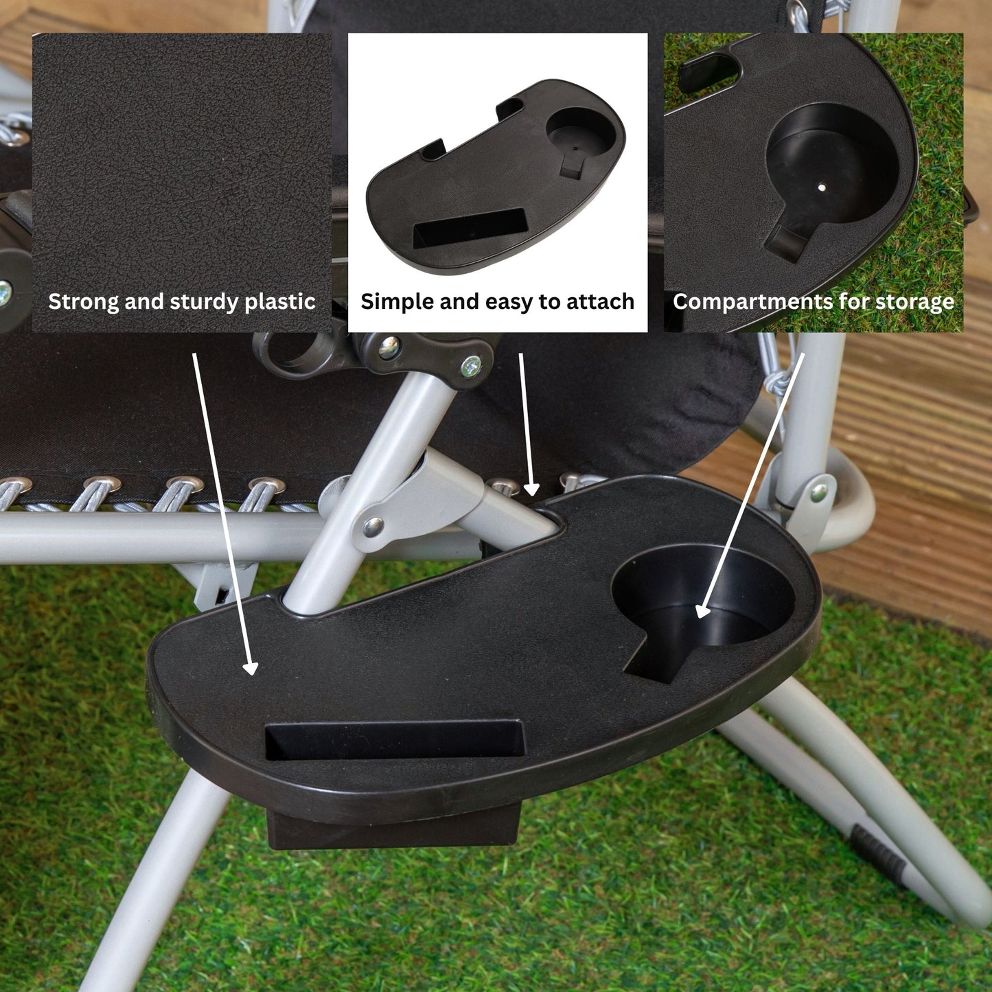 Black Plastic Cupholder Side Tray for Garden Gravity Chairs
