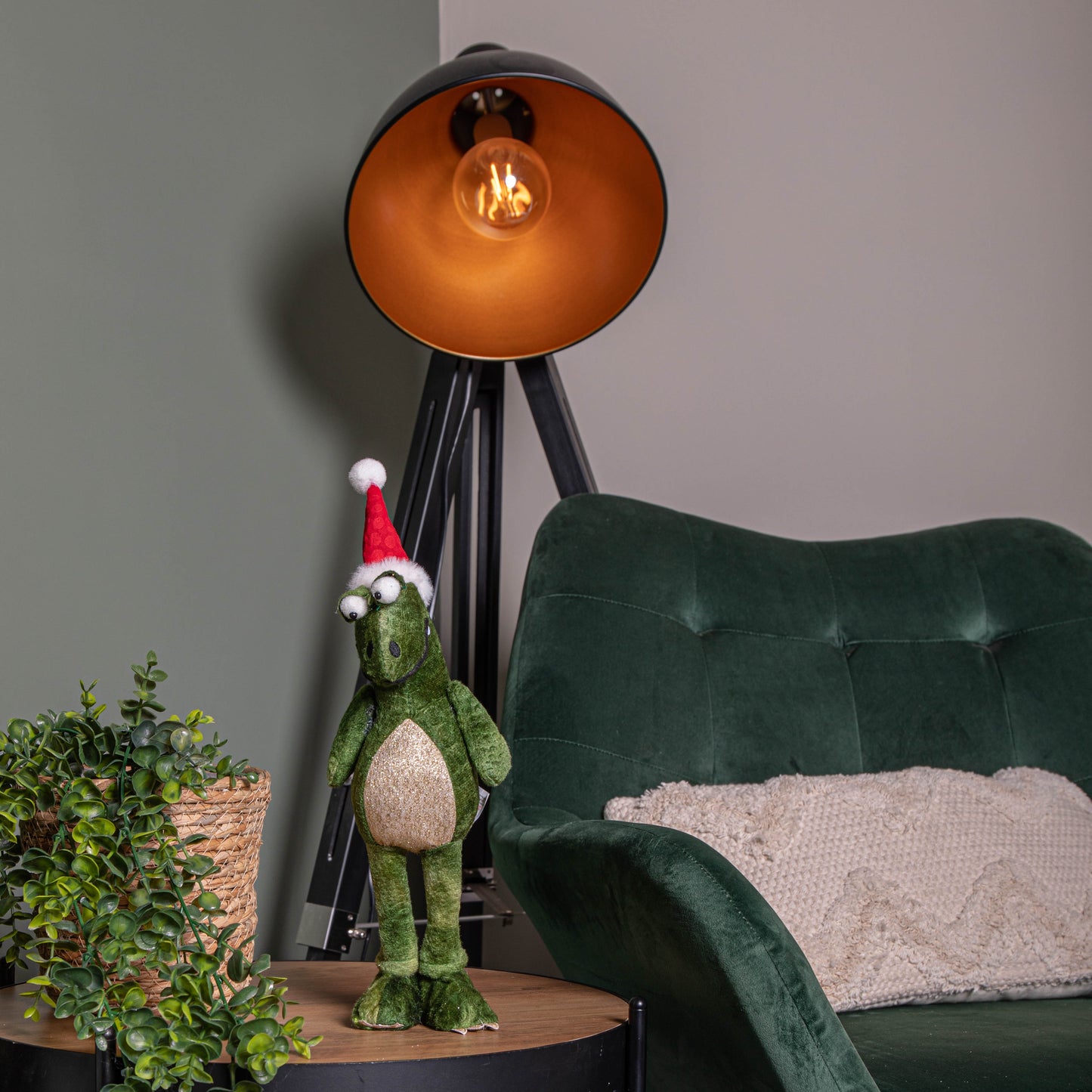 37cm Green Standing Christmas Dinosaur with Santa Hat