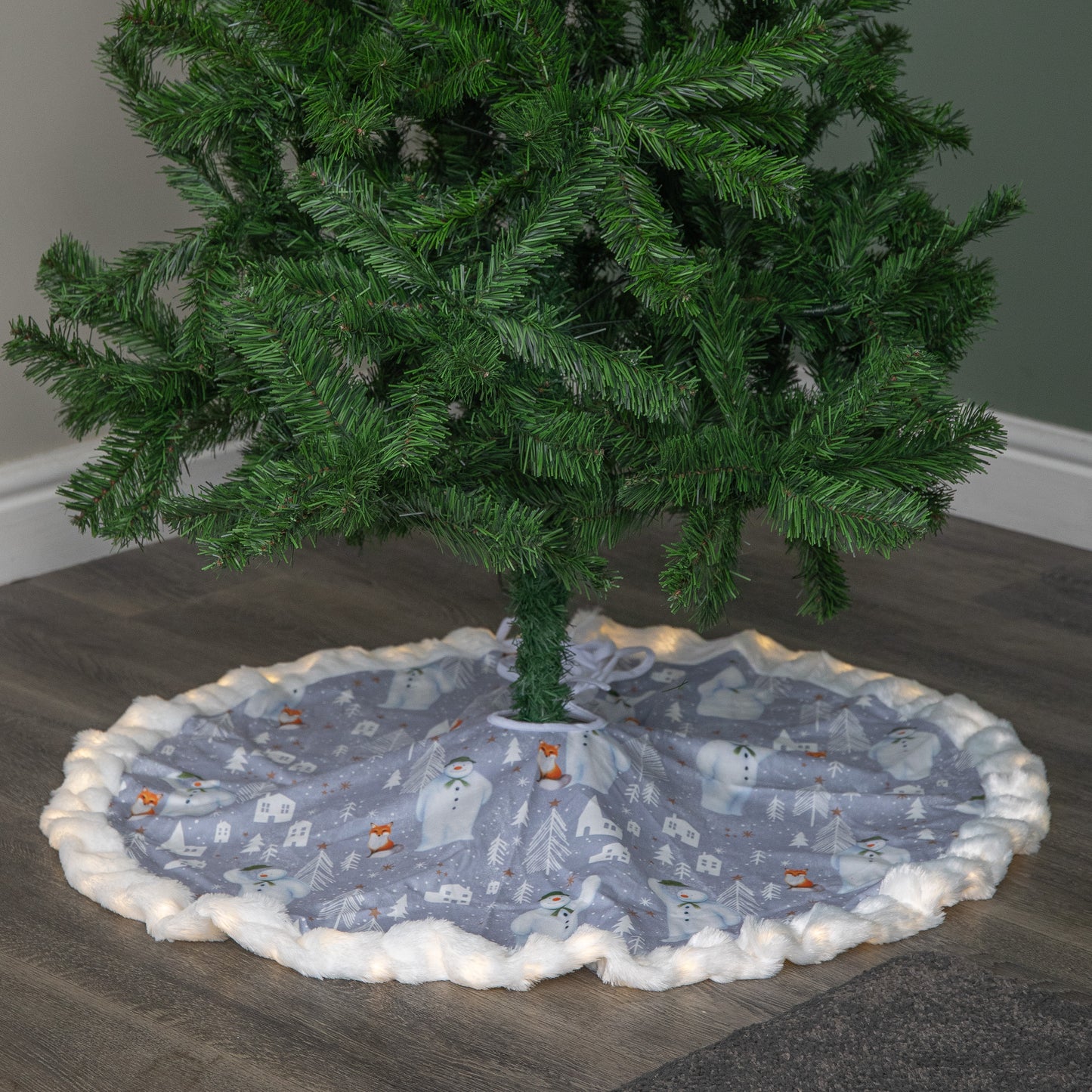 90cm USB Powered Light up The Snowman Fabric Christmas Tree Skirt with LEDs