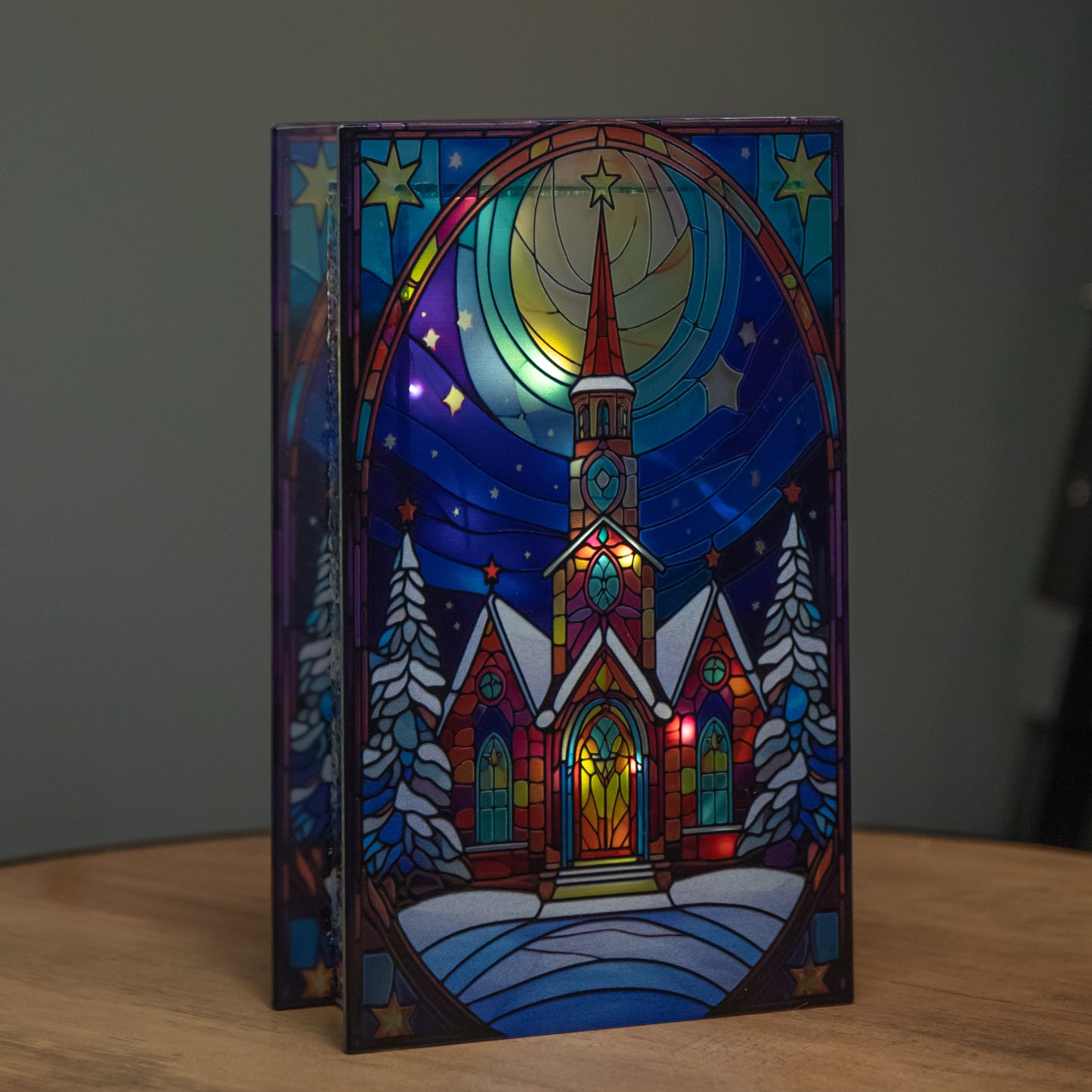 21cm Battery Operated Light up Stained Glass Christmas Decoration with Church Scene & Warm White LEDs