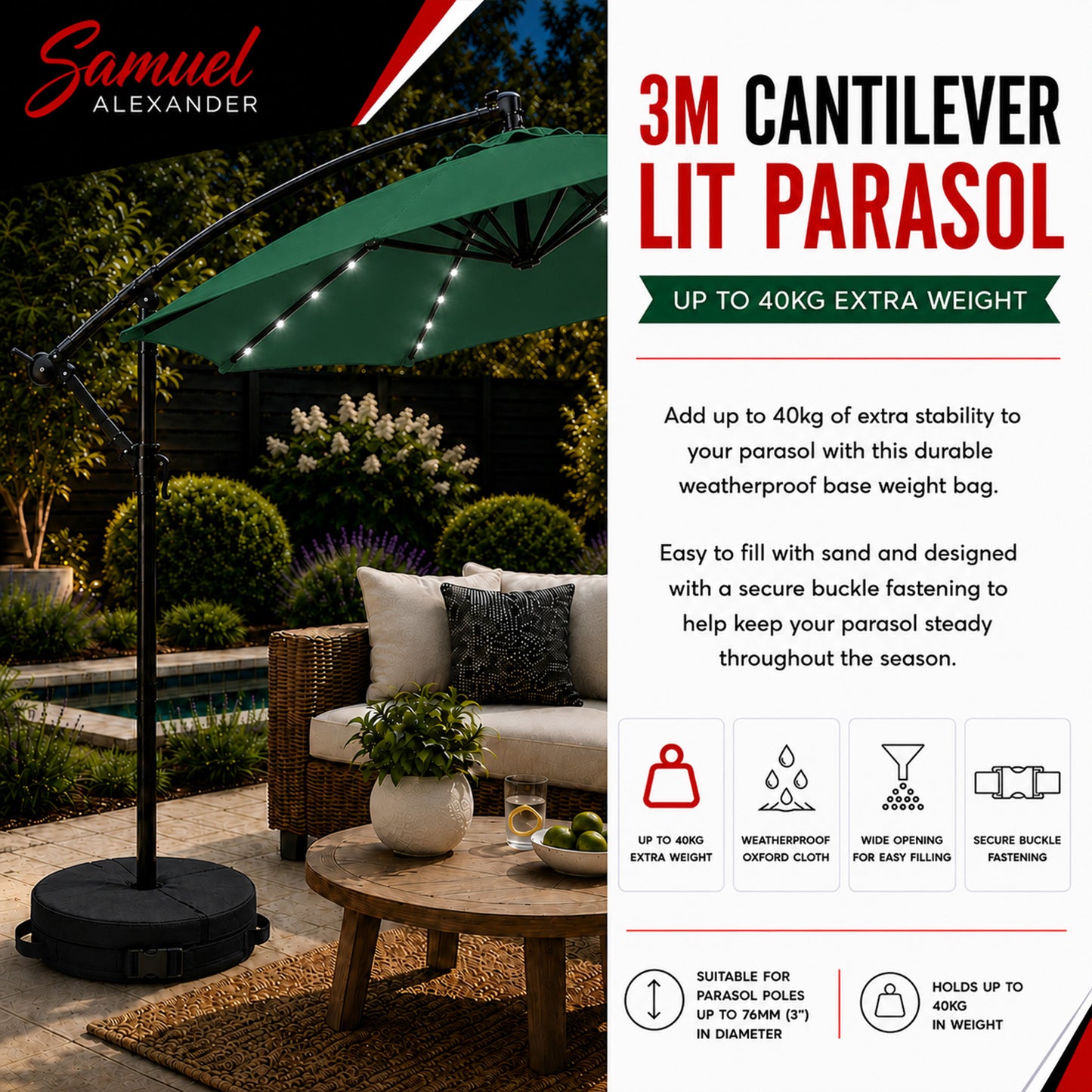 3m Solar Powered Cantilever Lit Banana Garden Parasol with Crank Handle & White LED Lights in Green with Base Bag Included