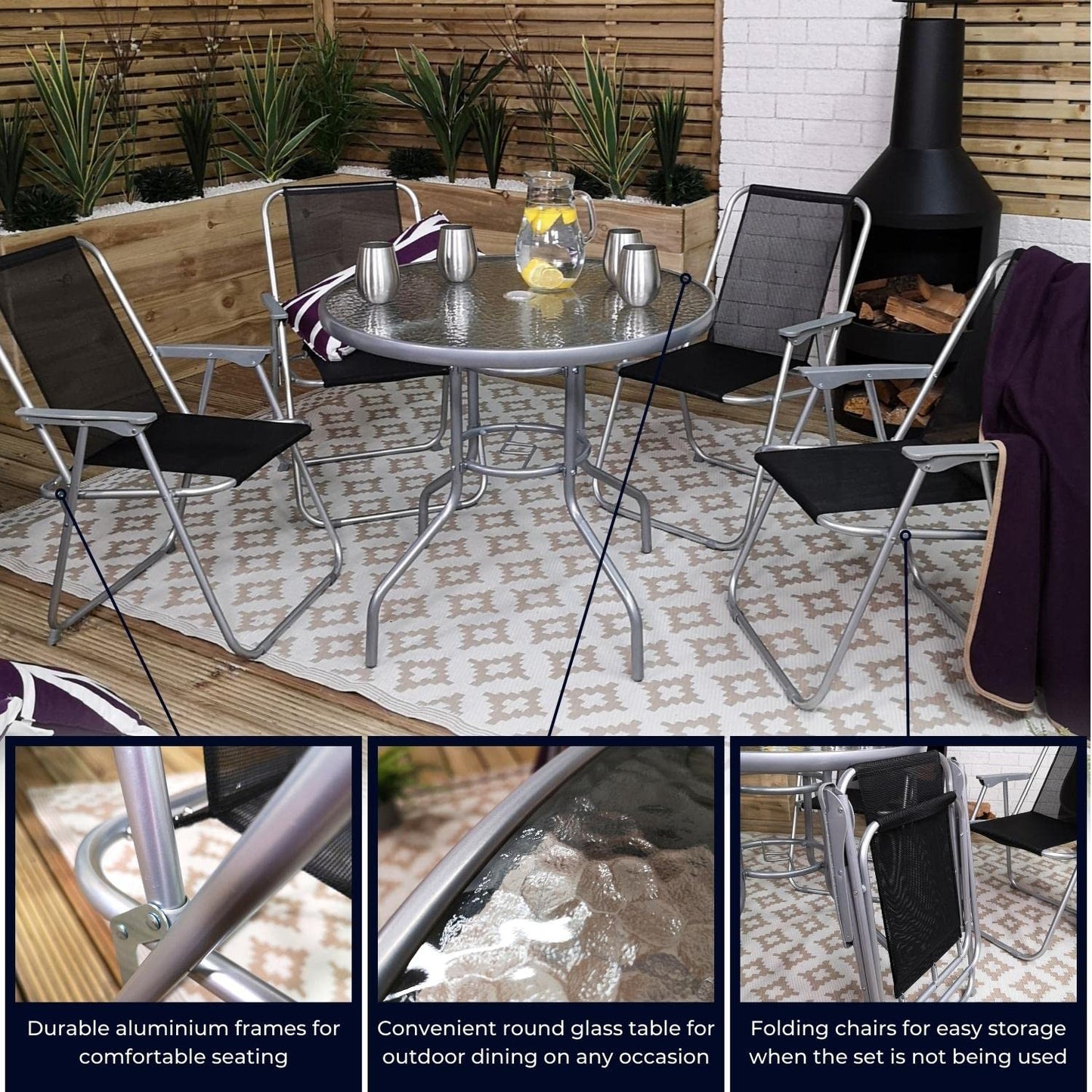 Factory Seconds: Samuel Alexander 4 Seater Garden Table And Chairs Set 4 Folding Chairs Outdoor Glass Table Garden Dining Set With Black Parasol Umbrella Patio Furniture Set