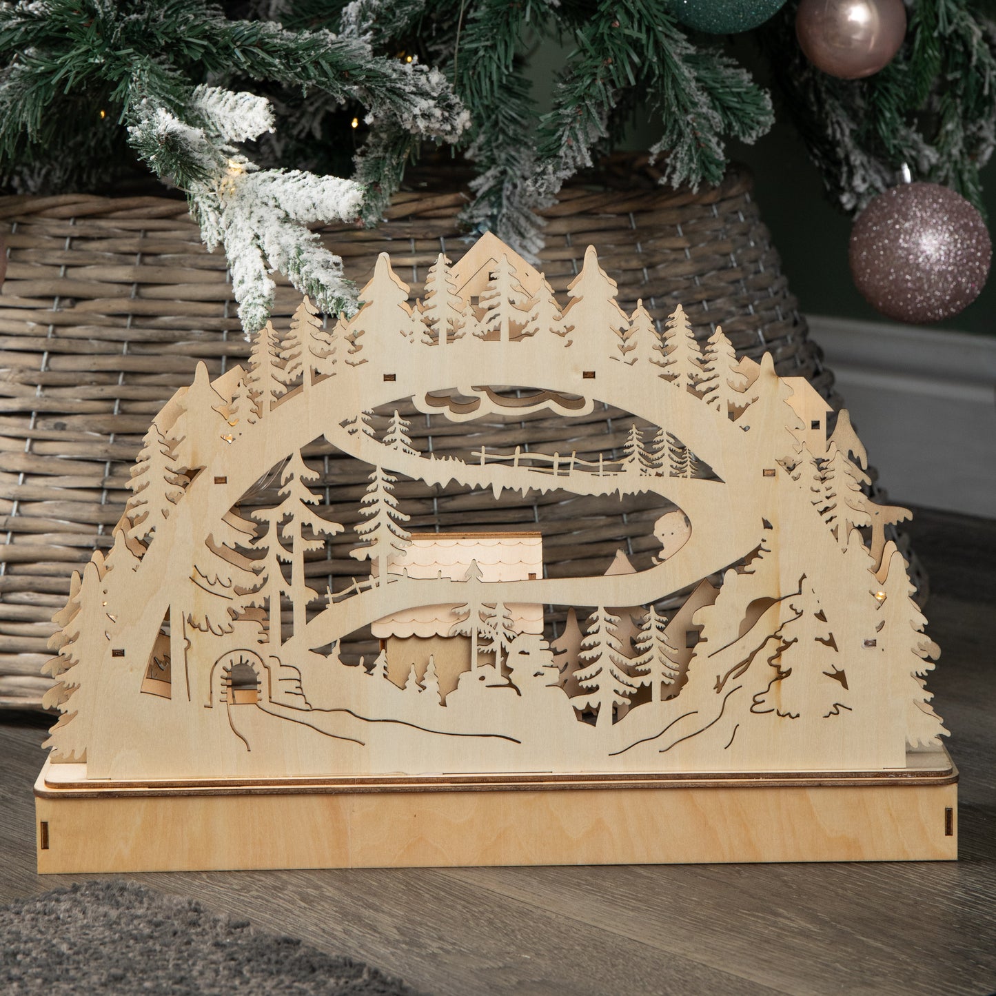 40cm Battery Operated Wooden Christmas Alpine Scene with LEDs