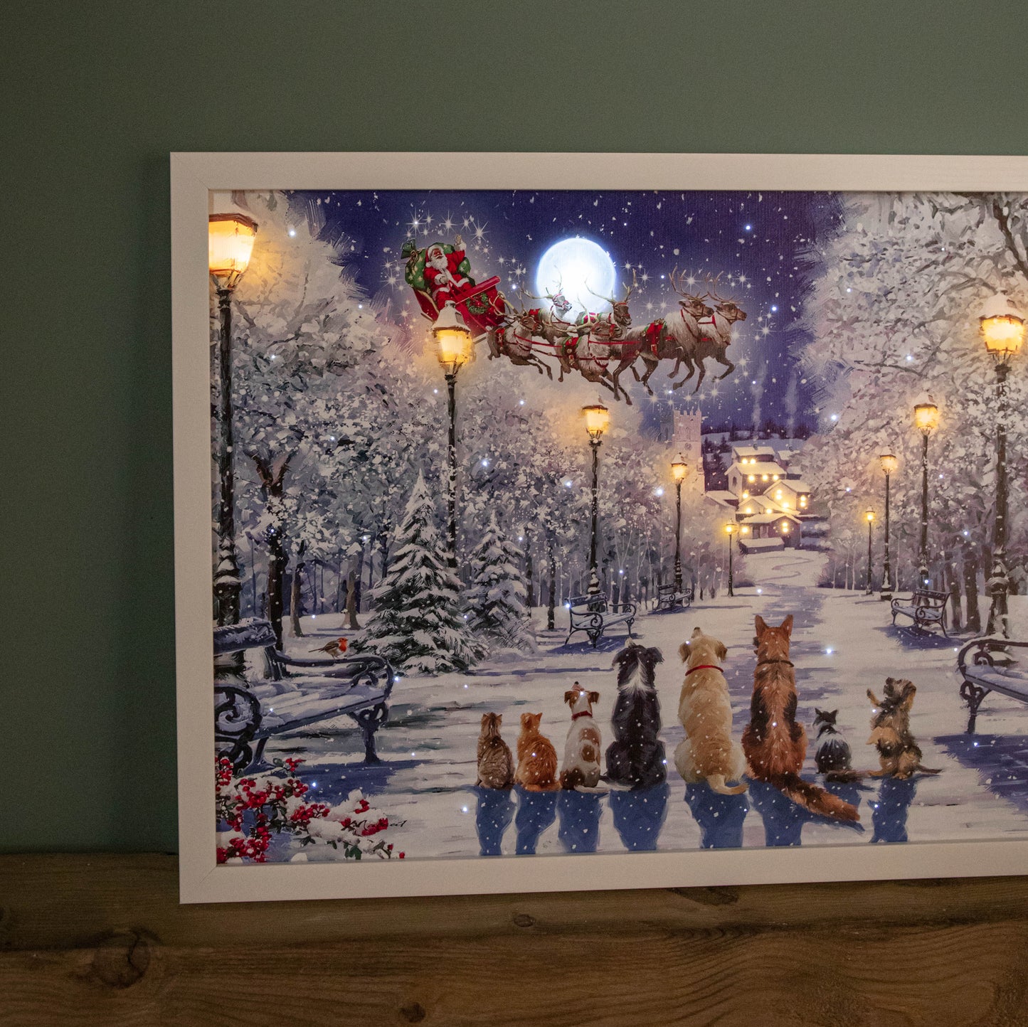 40 x 60cm Battery Operated Light up Christmas Canvas with Cats and Dogs Scene