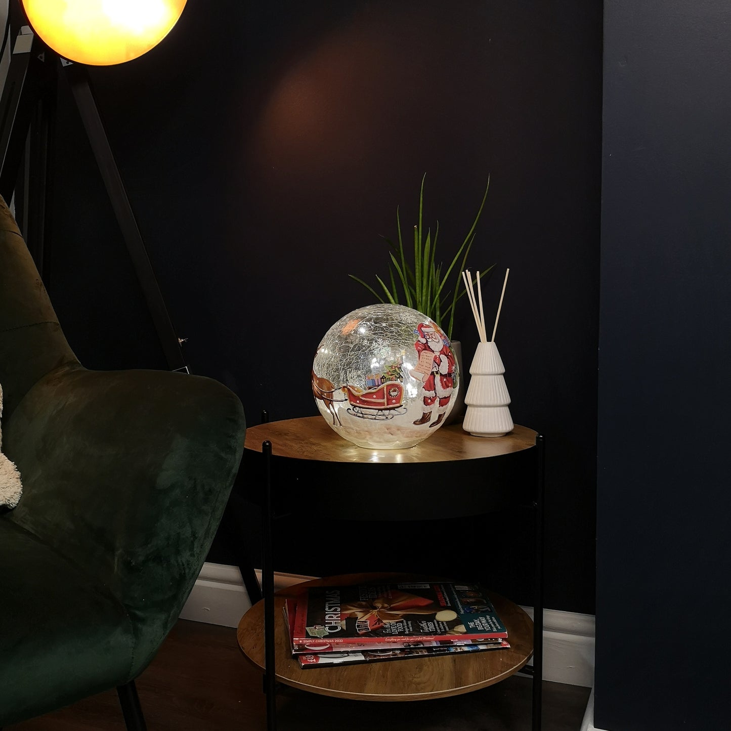 20cm Battery Operated Warm White LED Crackle Effect Ball Christmas Decoration with Santa