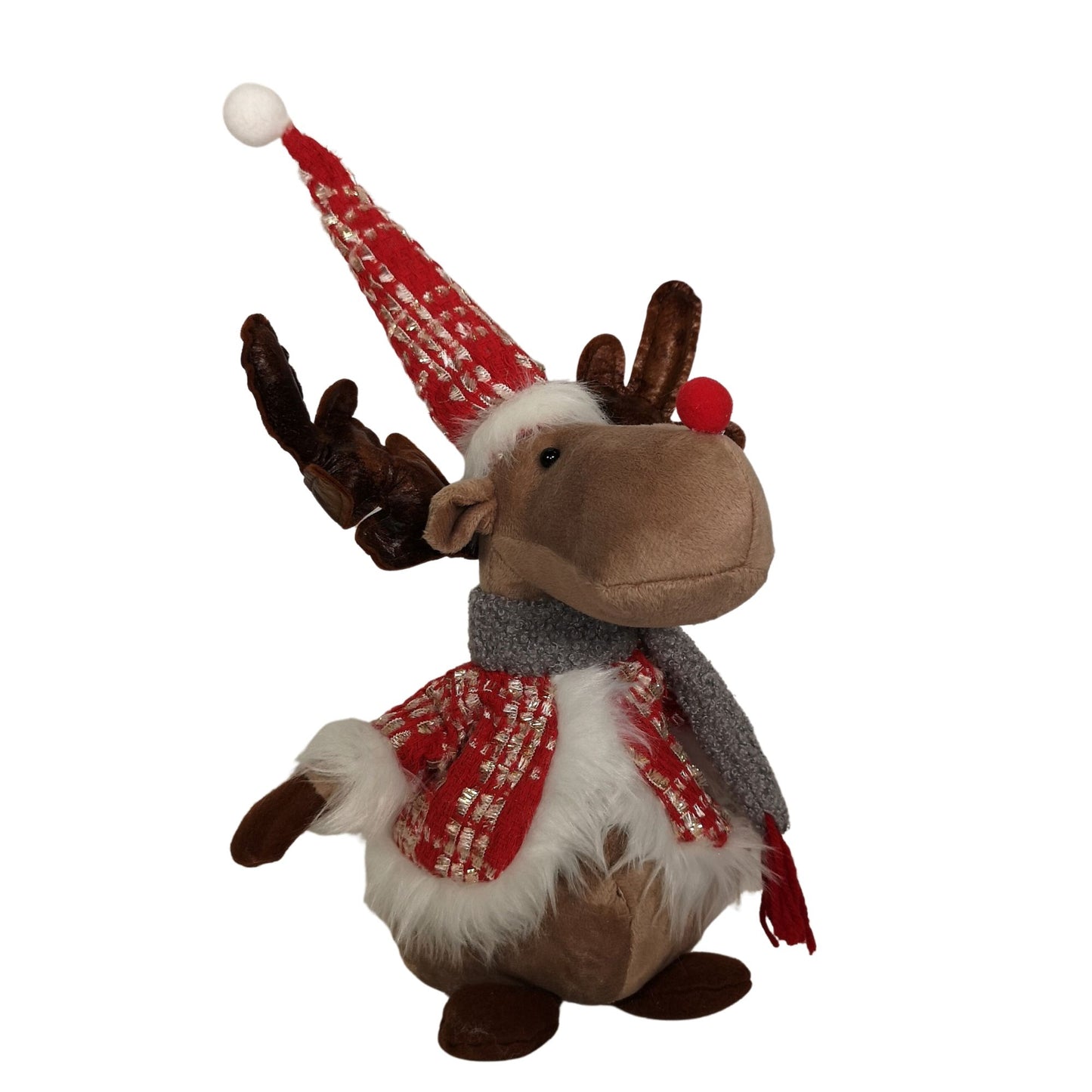 38cm Plush Reindeer Christmas Decoration with Hat and Scarf in Red