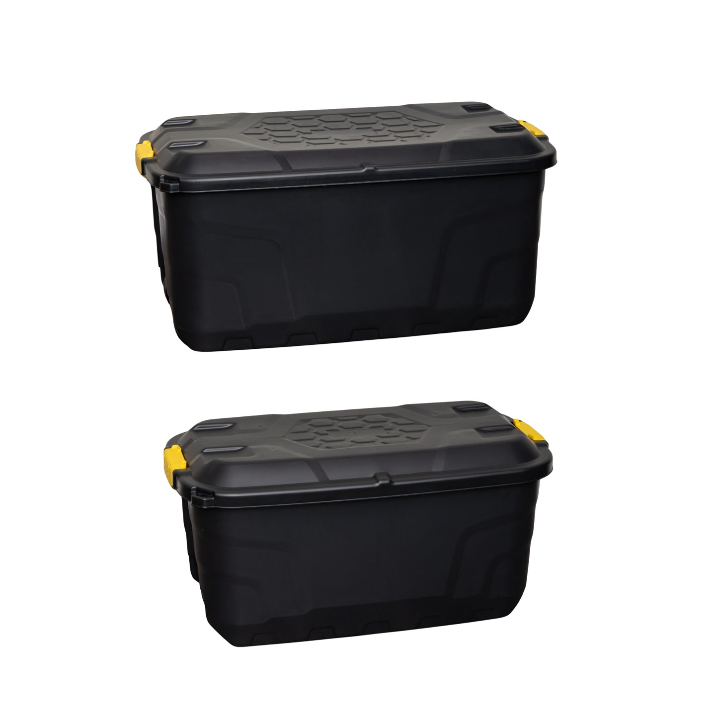 1 x 145L AND 1 x 75L Heavy Duty Trunks on Wheels Sturdy, Lockable, Stackable and Nestable Design Storage Chest with Clips in Black