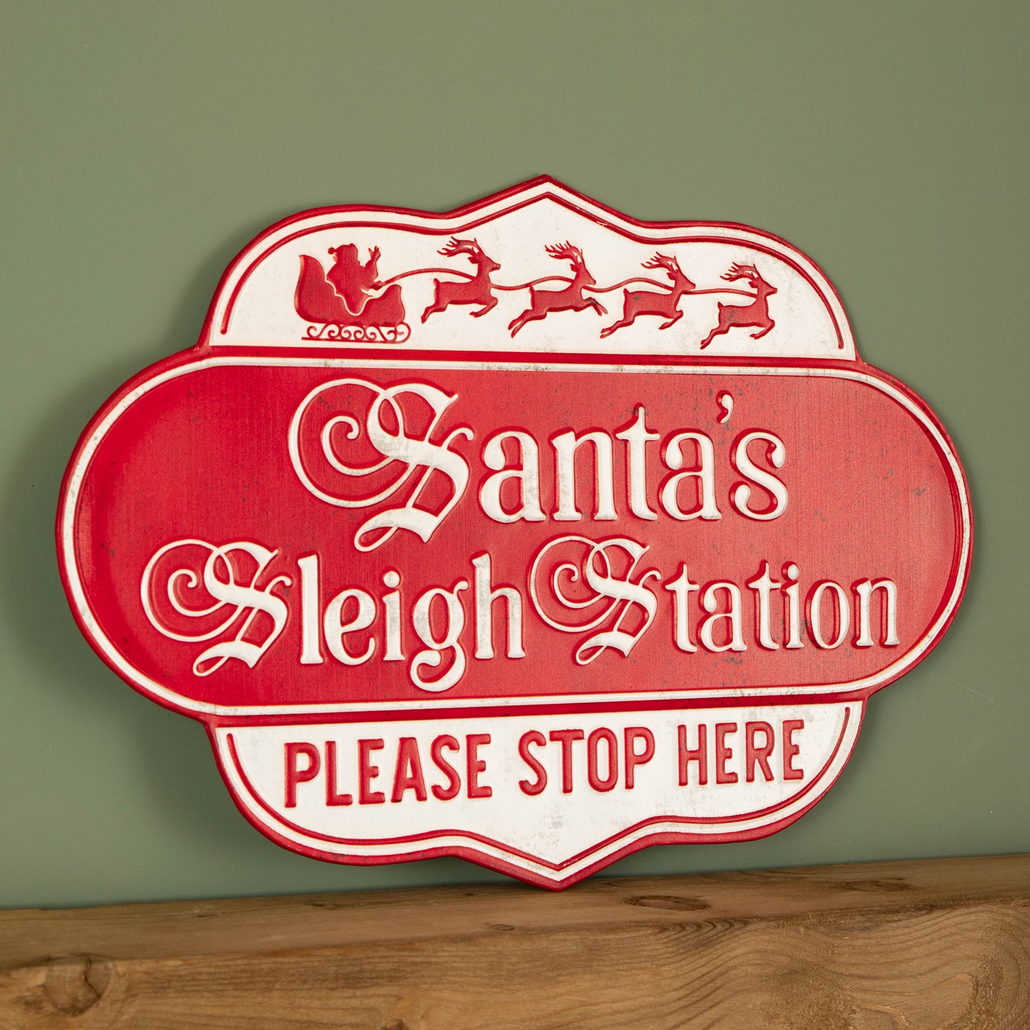 51cm Red and White Metal Christmas Santa Sleigh Station Sign