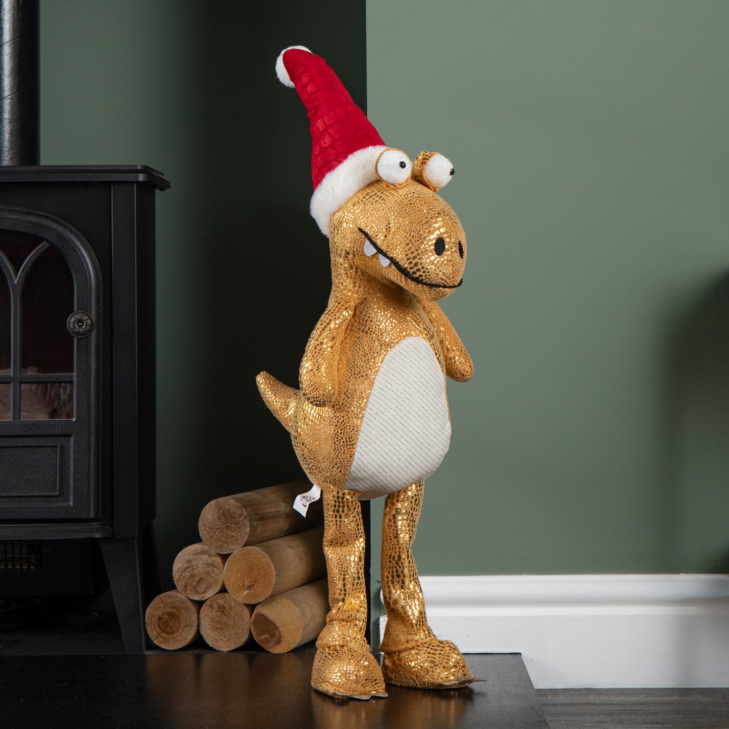 70cm Tall Gold Plush Santa-Saurus Dino Standing Christmas Decoration with Santa Hat