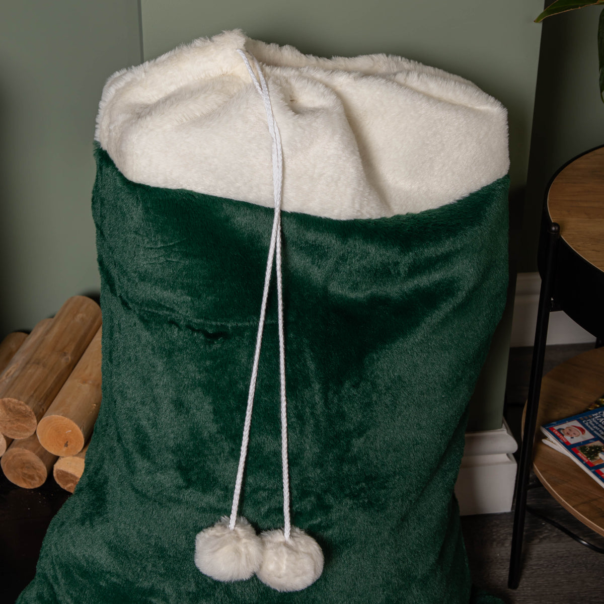 80x55cm Green Christmas Sack with White Cuff and Pom Poms