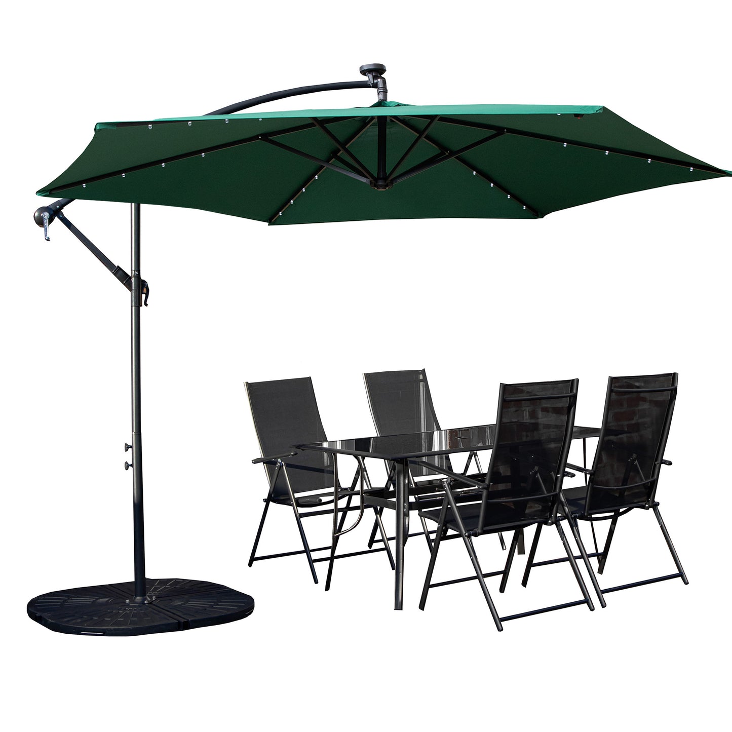 Outdoor 4 Person Rectangular Glass Top Garden Dining Table Chairs With Green Banana Lit Parasol and Base Set