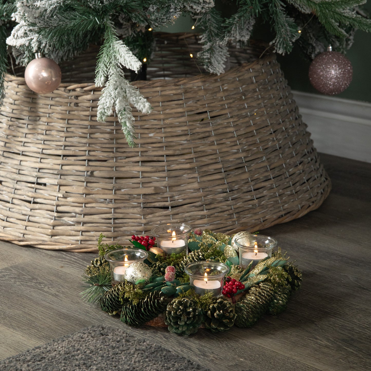 33cm Christmas Bauble Quartet Candle Holder with Pinecones and Red Berries