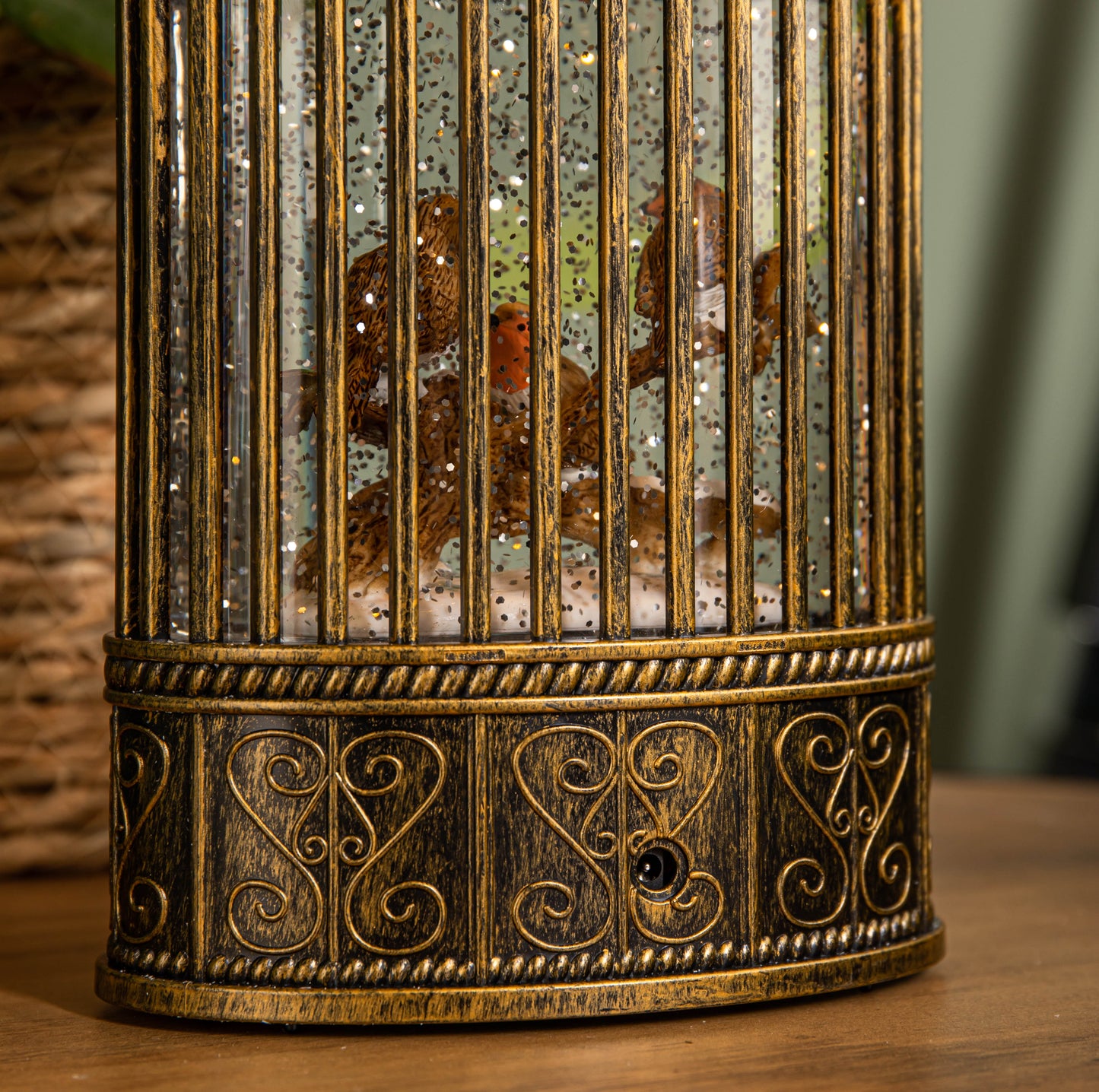 24cm Dual Powered Light up Christmas Robin Scene Water Spinner with Warm White LEDs